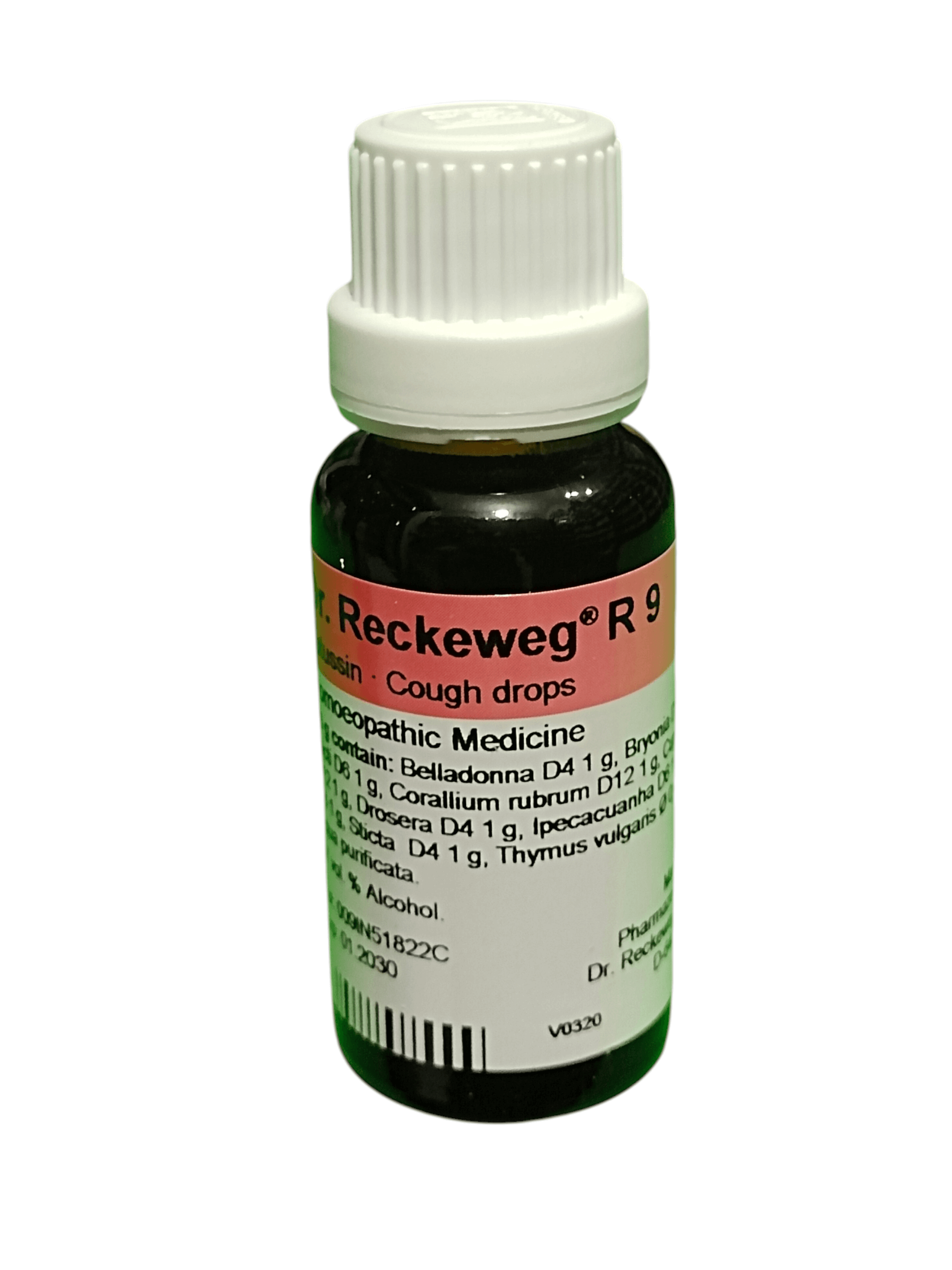 Reckeweg R9 cough drops bottle on a white background