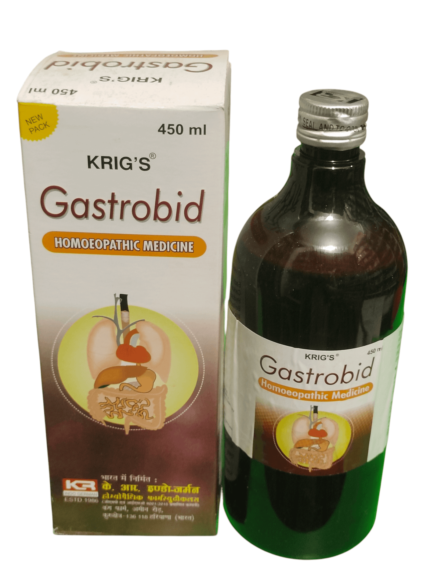 Krig's Gastrobid homeopathic medicine bottle and packaging on a white background