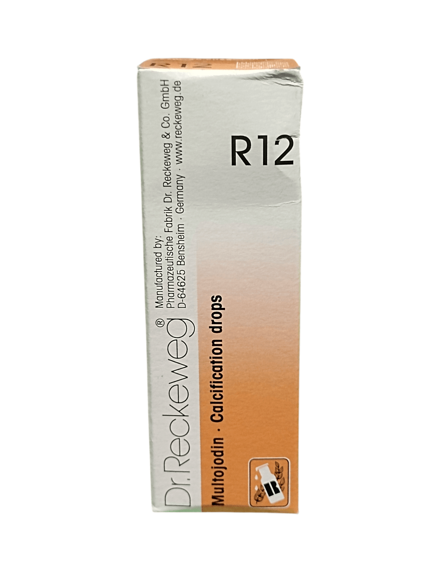 Box of Dr. Reckeweg R12 Calcitization drops on a white background