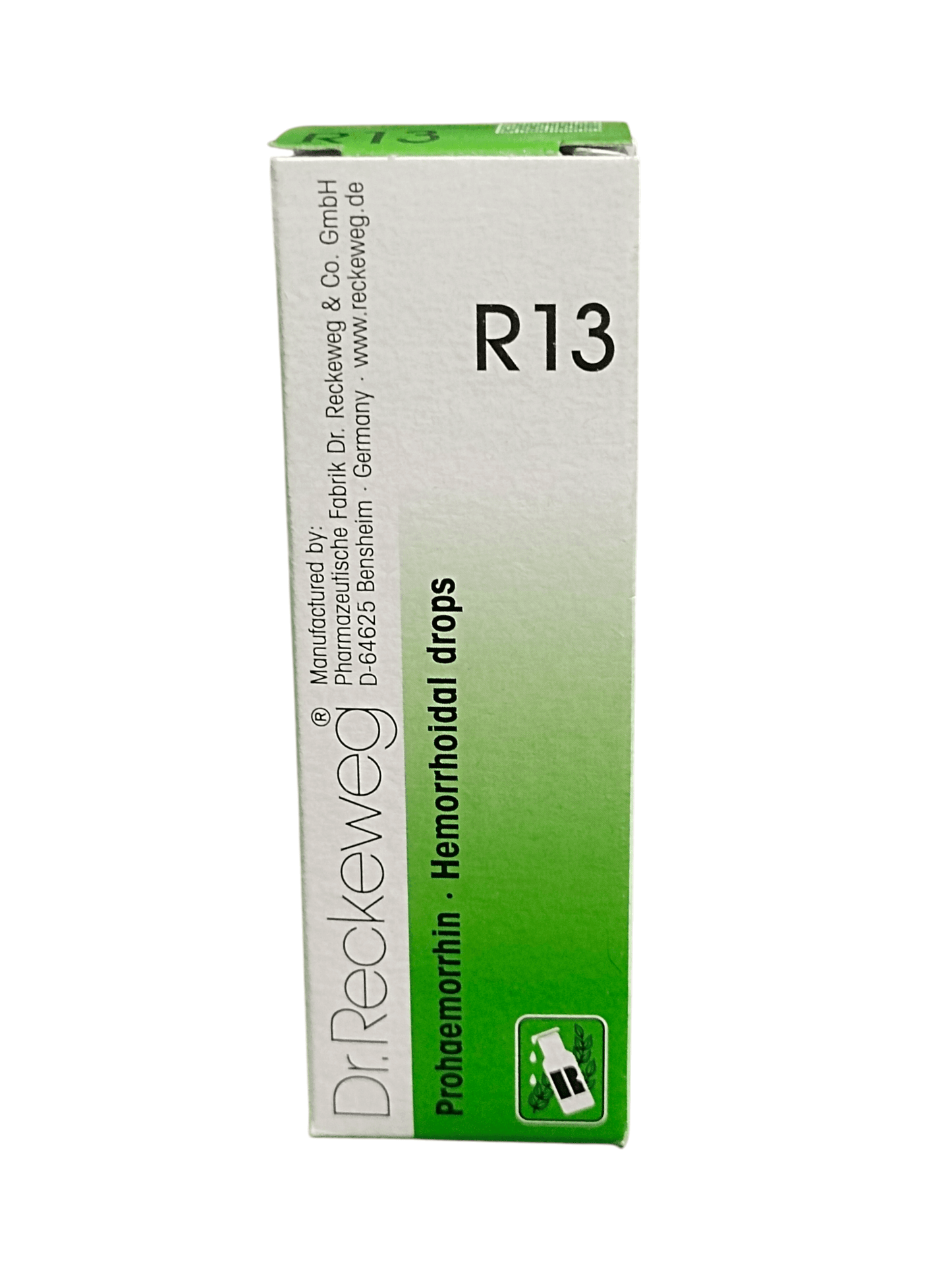 Box of Dr. Reckeweg Prohormonin Hemorrhoidal Drops with green and white design on a white background