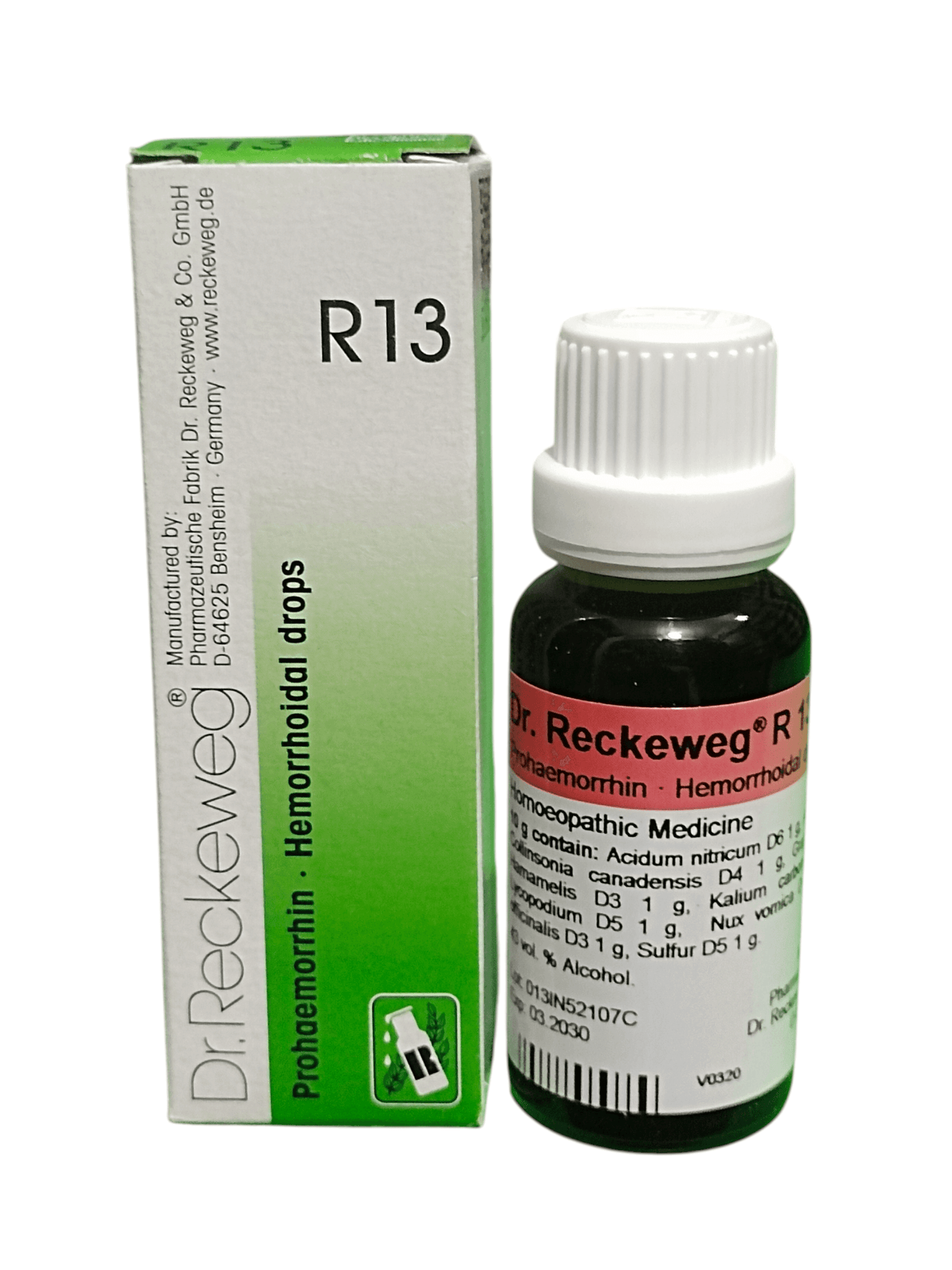 Dr. Reckeweg R13 homeopathic medicine bottle and packaging on a white background