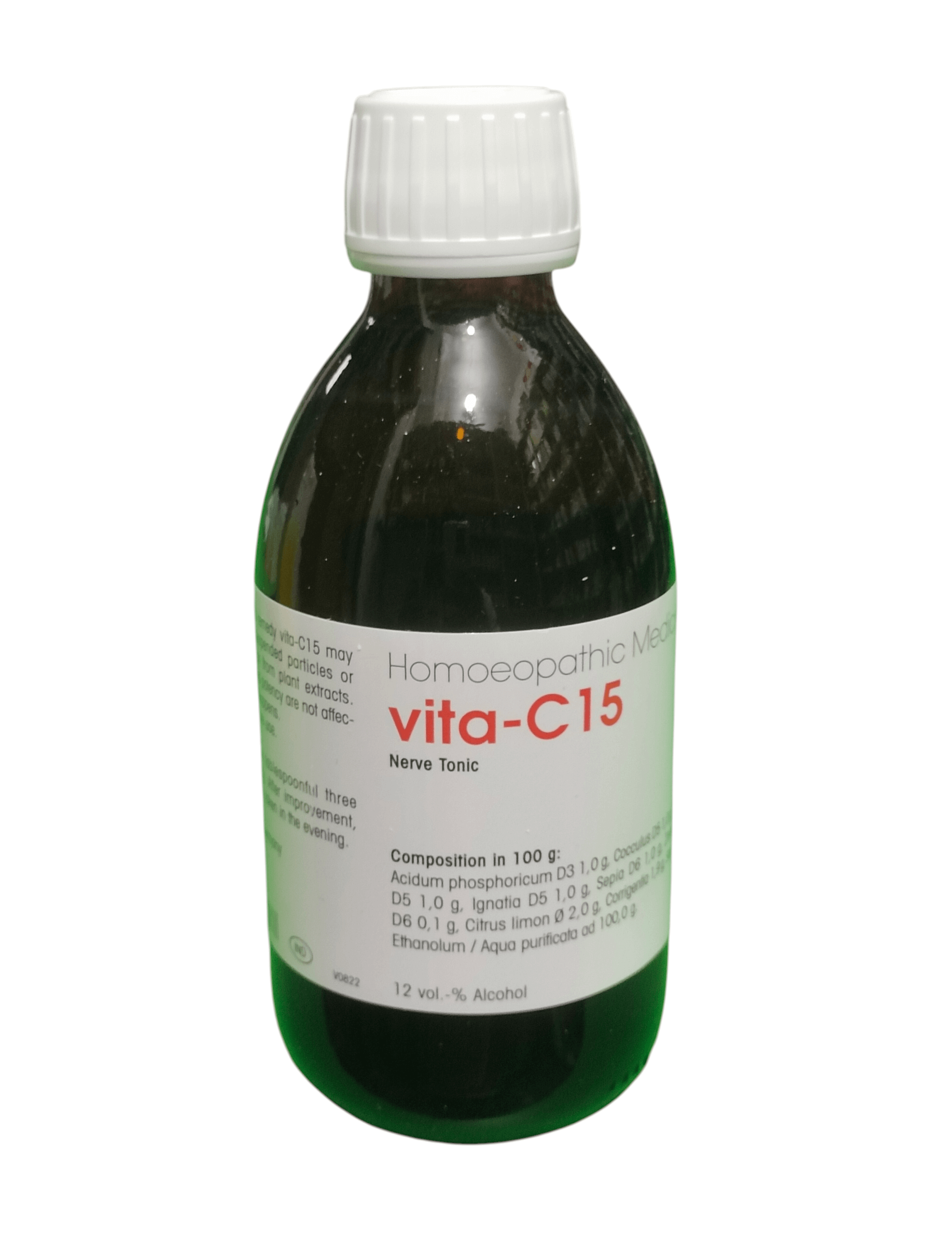 Bottle of Homoeopathic Medicine vita-C15 on a white background