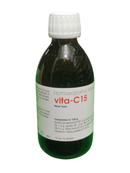 Bottle of Homoeopathic Medicine vita-C15 on a white background