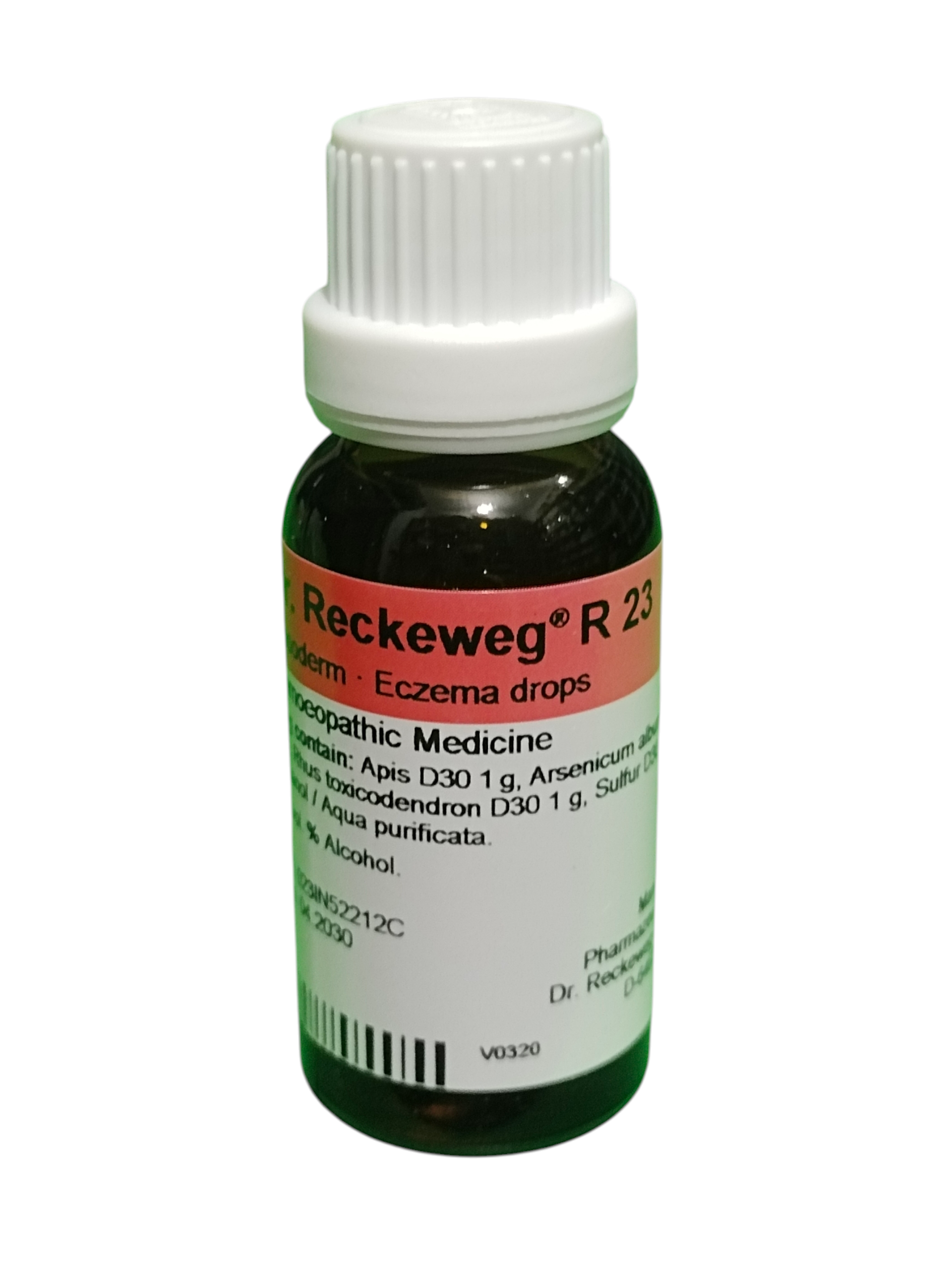 Bottle of Reckeweg R 23 Eczema drops on a white background