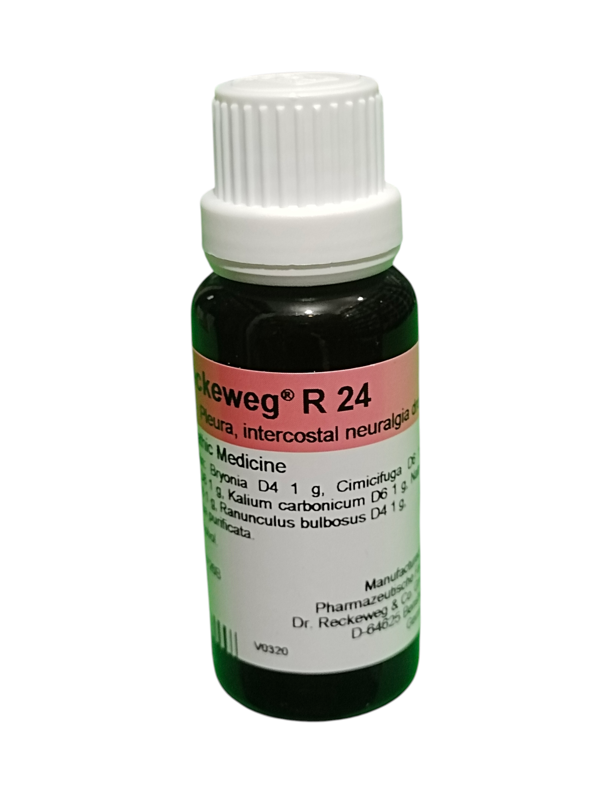 Bottle of Reckeweg R 24 homeopathic medicine on a white background