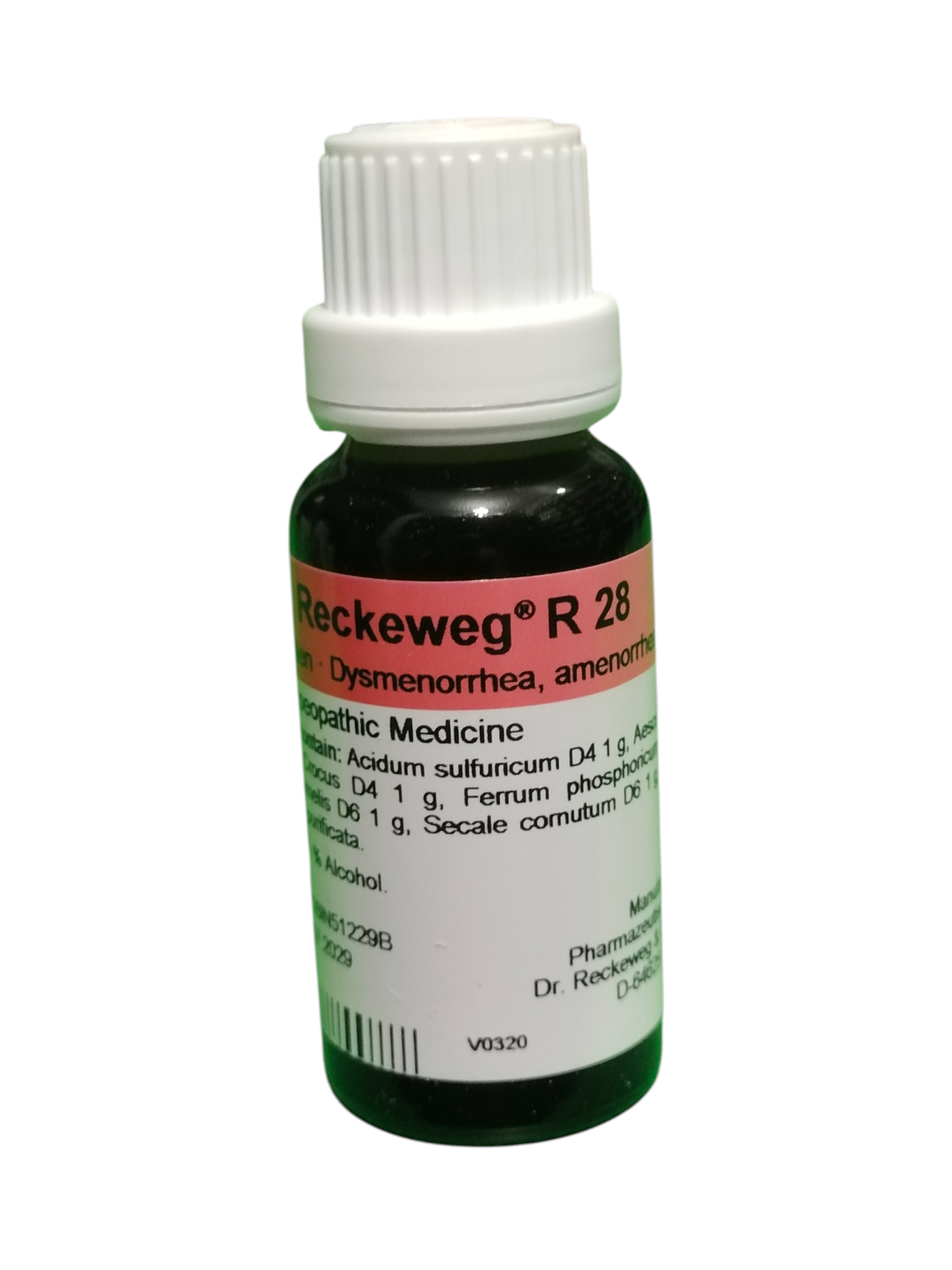 Bottle of Reckeweg R 28 homeopathic medicine for menstrual pain, irregular periods, delayed menstruation, and women’s hormonal balance.