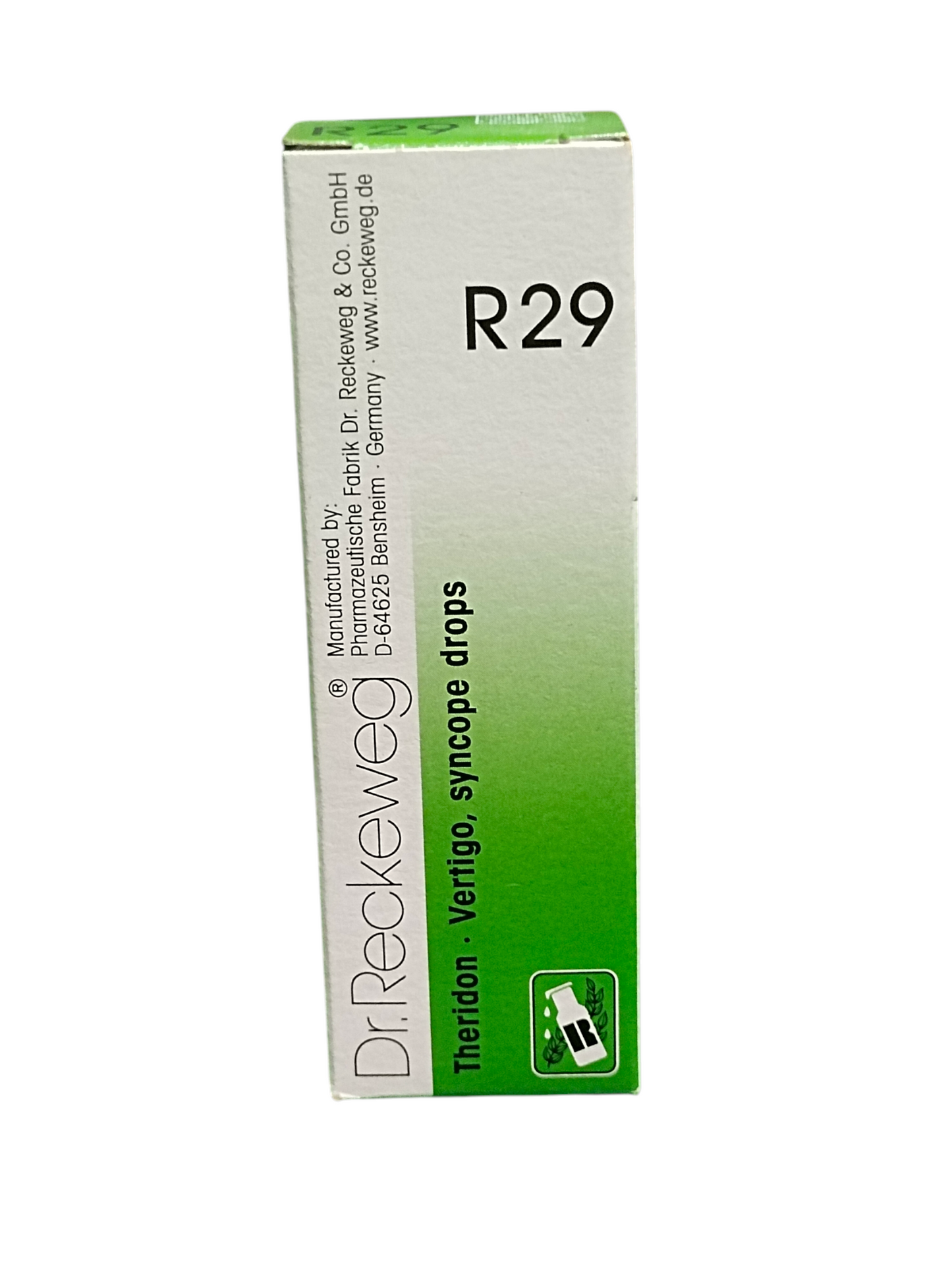 Box of Dr. Redekeweg Vertigo Syncope Drops with green and white design R29
