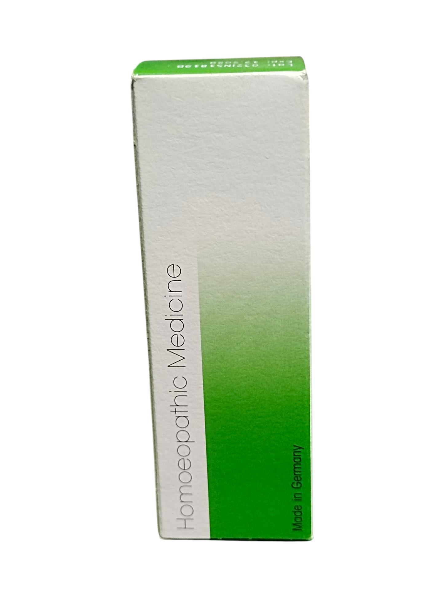 Box of homeopathic medicine with green and white design on a white background