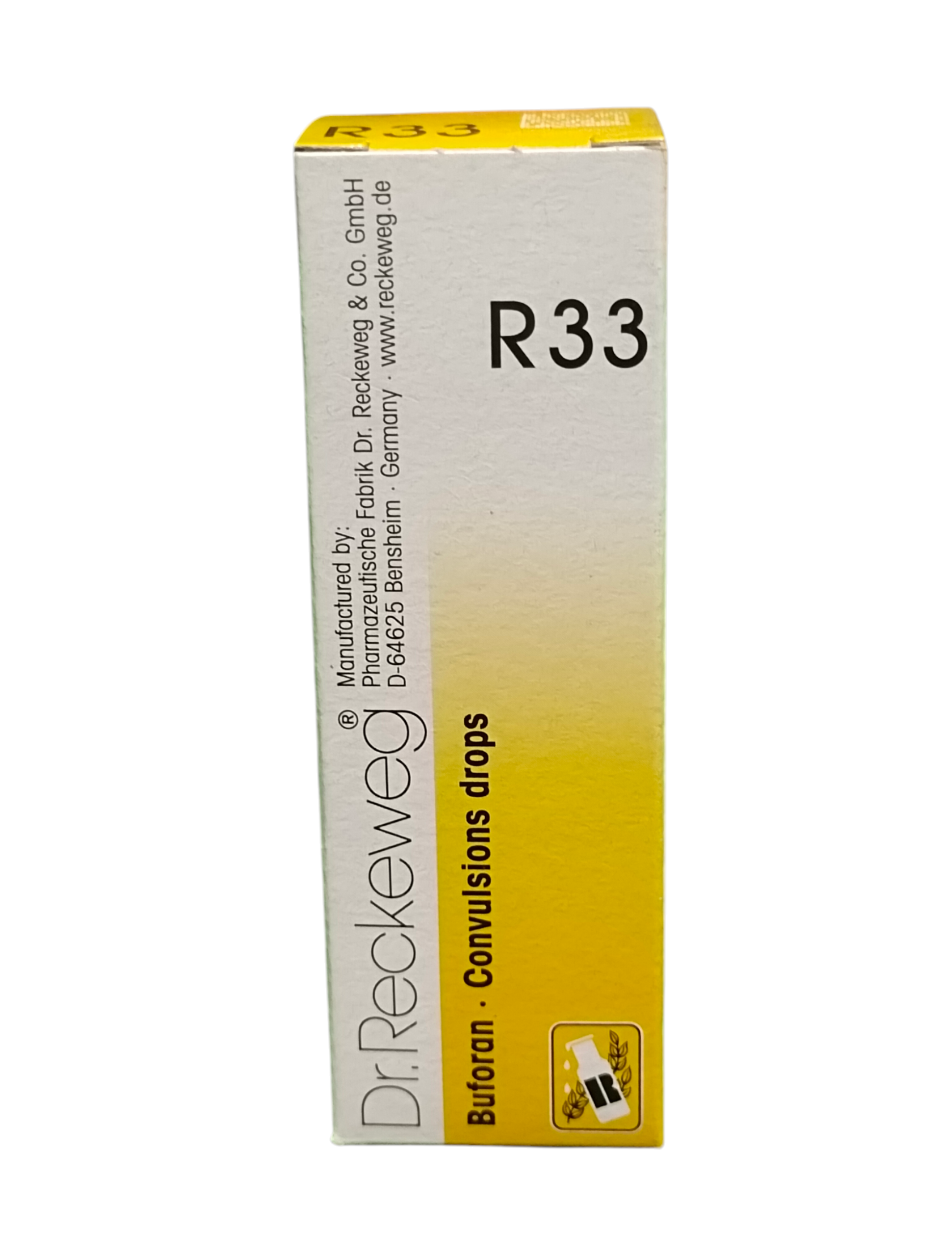 Box of Dr. Reckeweg Eutoran Convulsions drops with yellow and white design.