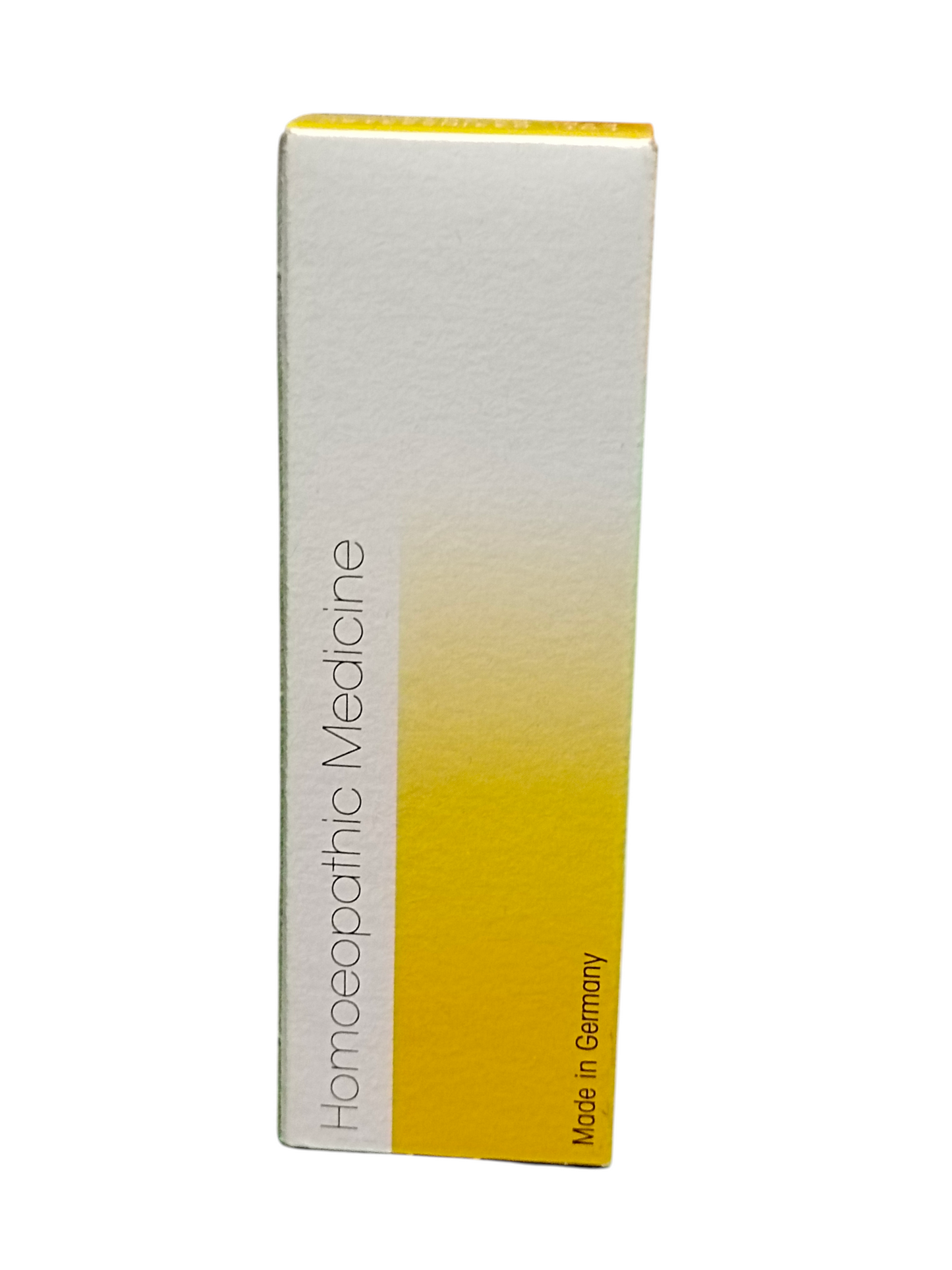Box of homeopathic medicine with a white and yellow gradient design on a white background