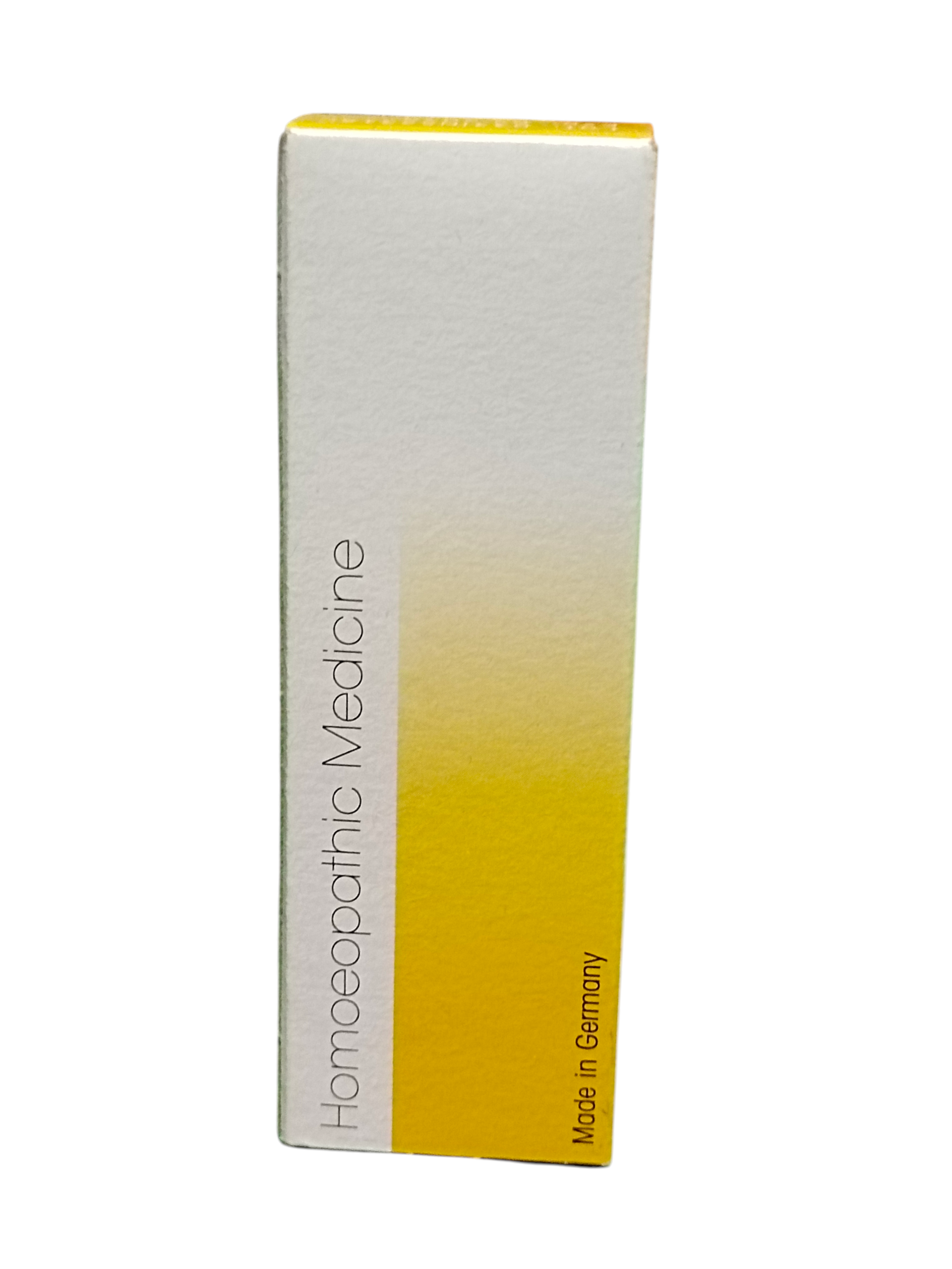 Box of homeopathic medicine with a white and yellow gradient design on a white background