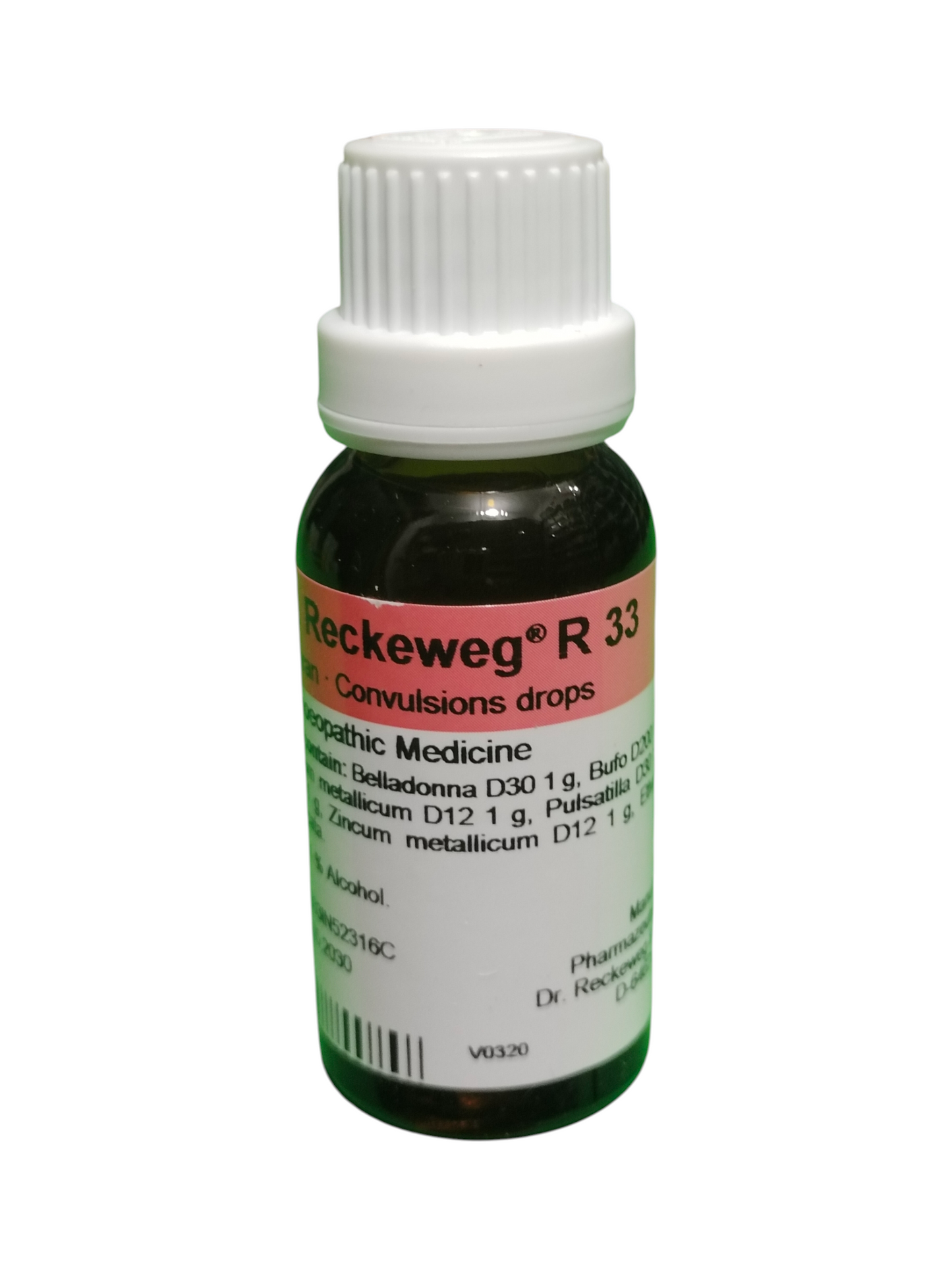 Bottle of Rheedemann R33 Convulsions drops on a white background