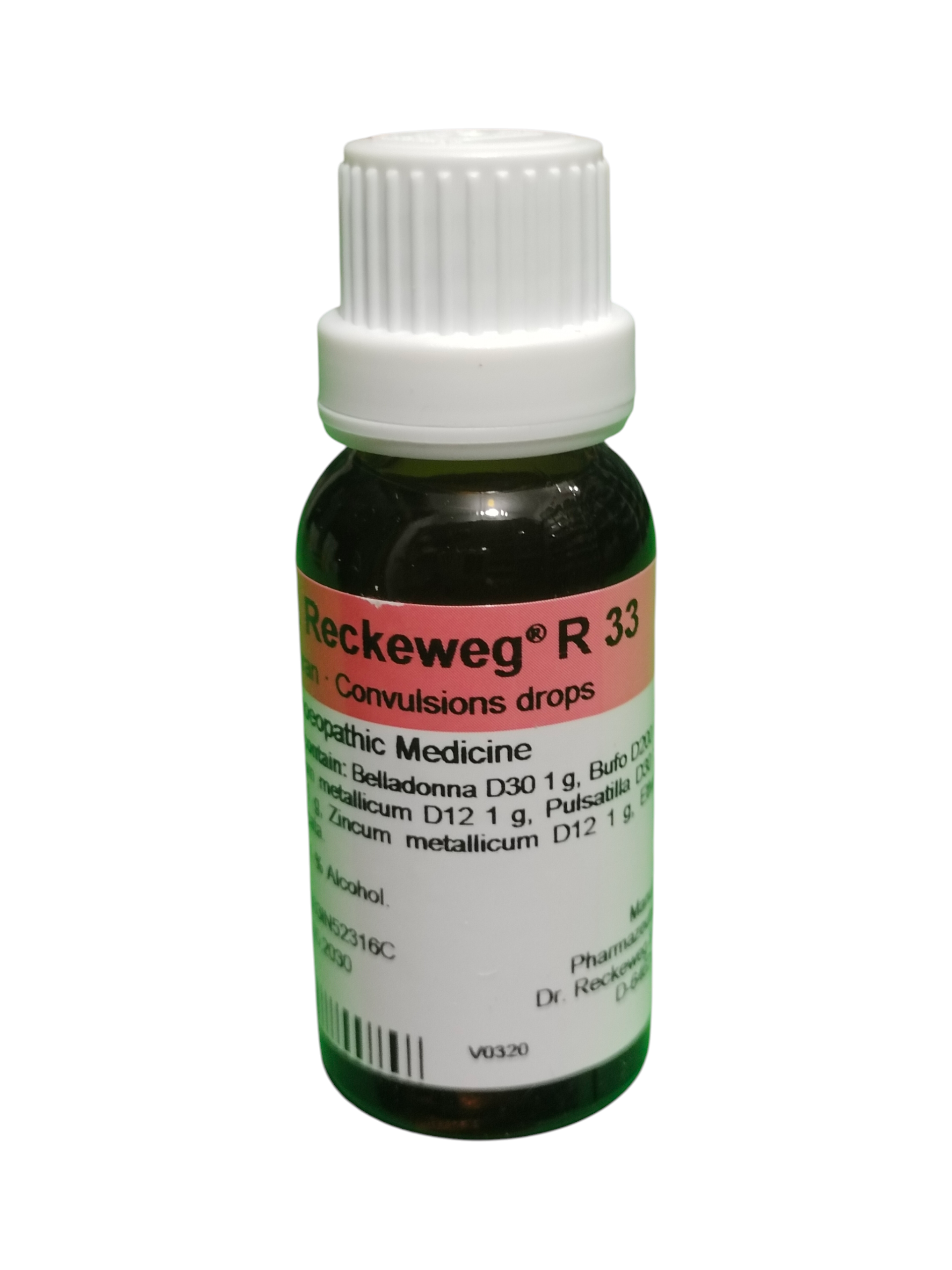 Bottle of Rheedemann R33 Convulsions drops on a white background