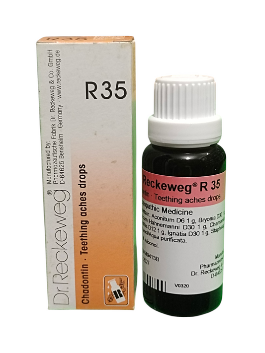 Dr. Reckeweg R35 Chadontin Teething Aches Homeopathic Drops 22ml for baby teething pain, gum discomfort, and irritation