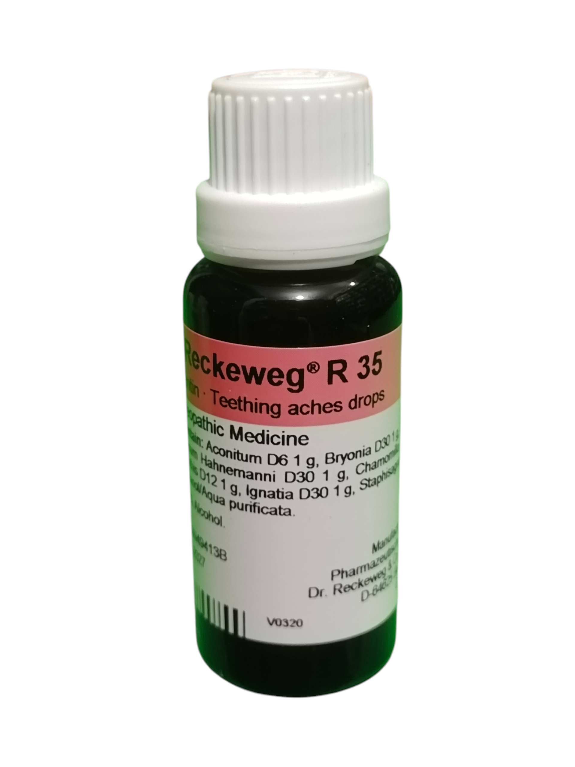 Bottle of Reckeweg R 35 teething aches drops on a white background