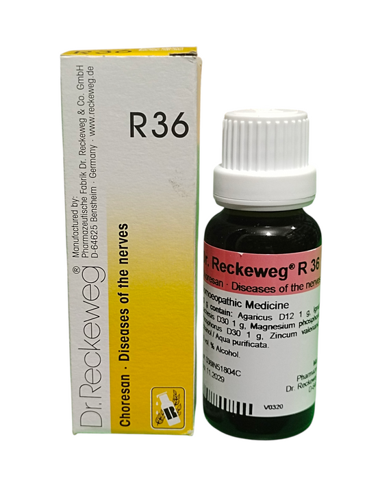"Dr. Reckeweg R36 Choresan Diseases of the Nerves Homeopathic Drops 22ml for nervous system disorders and involuntary movements."