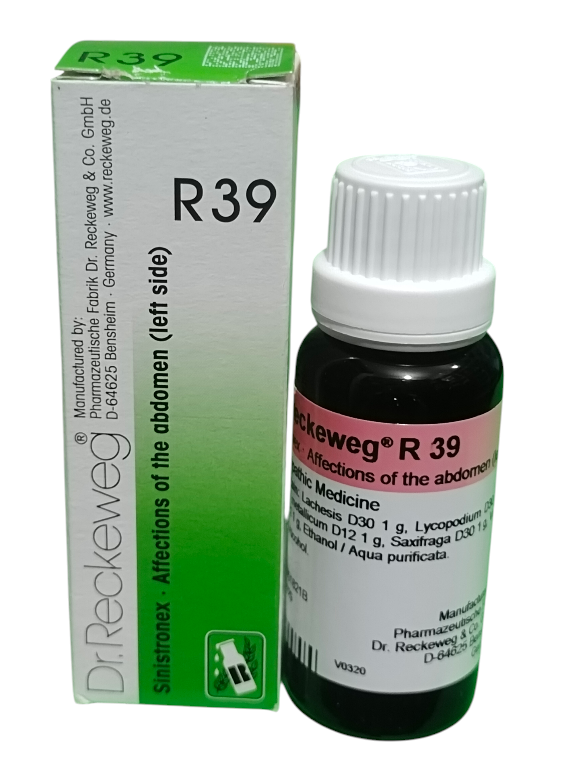 "Dr. Reckeweg R39 Sinistronex Homeopathic Drops 22ml for left side abdominal pain, digestive and intestinal disorders."