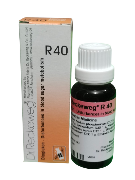 "Dr. Reckeweg R40 Diaglukon Homeopathic Drops 22ml for blood sugar metabolism and glucose balance support"