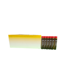 Set of six green and red cylindrical items on a white background