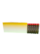 Set of six green bottles with red caps on a white background