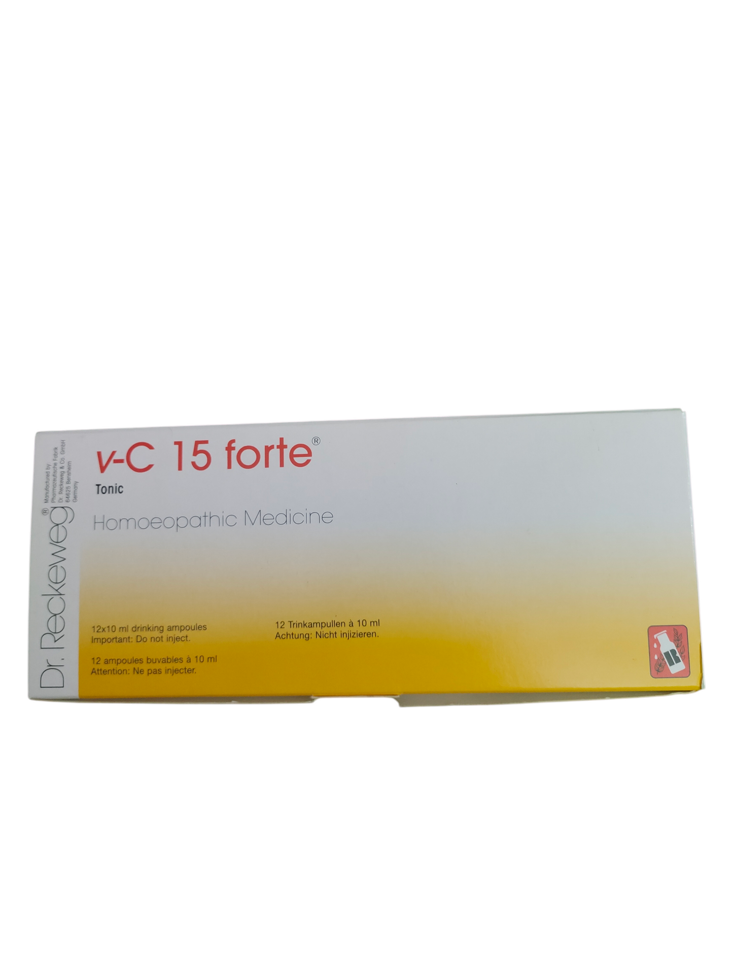 Box of v-C 15 forte homeopathic medicine on a white background