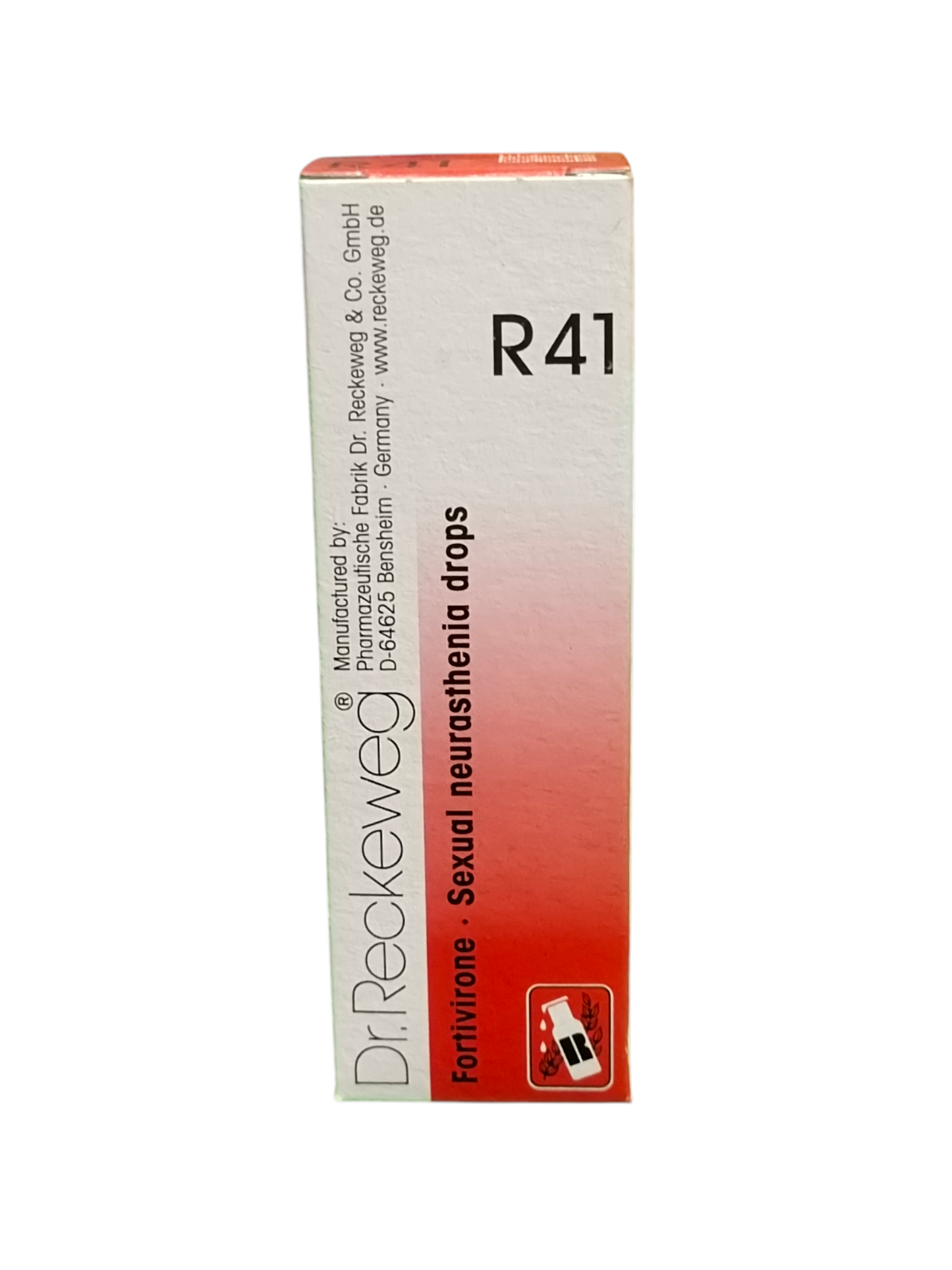Box of Dr. Reckeweg Sexual Neuroasthenia drops with gradient design on a white background