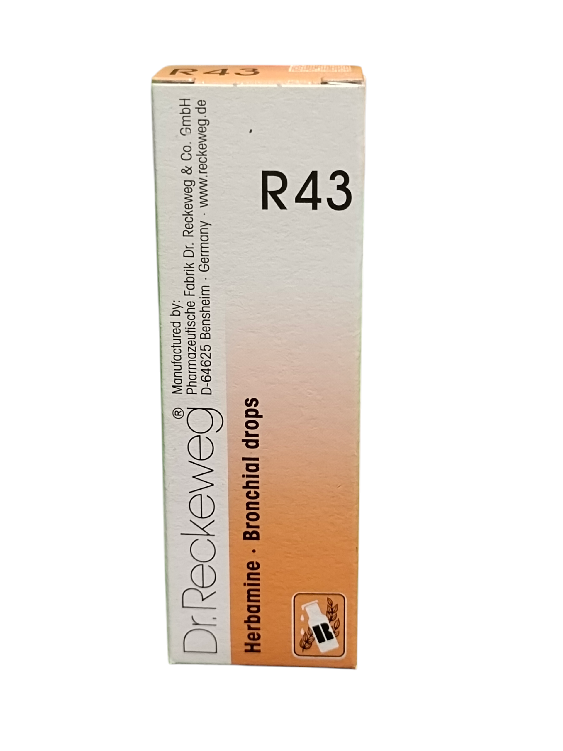 "Dr. Reckeweg R43 Herbamine Bronchial Drops 22ml – Homeopathic medicine for bronchitis, cough, chest congestion, and respiratory relief."