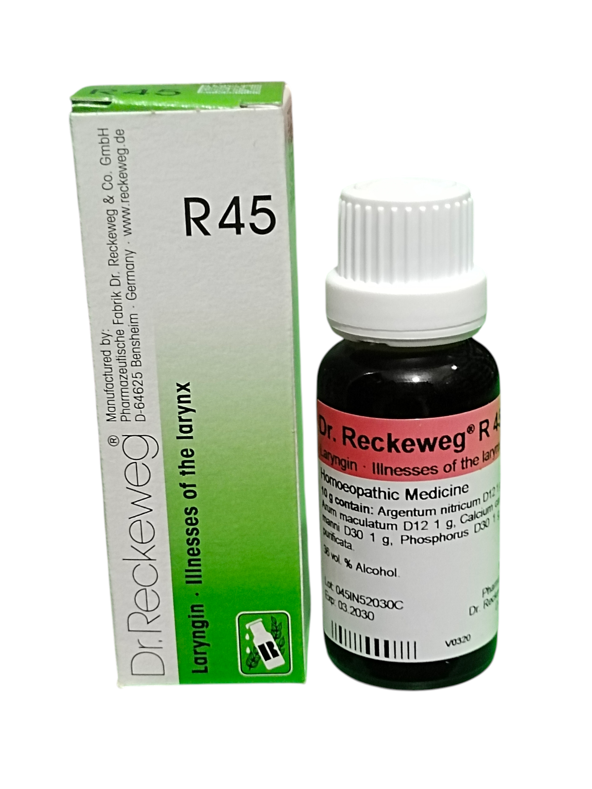 Dr. Reckeweg R45 Laryngin Homeopathic Drops 22ml for larynx disorders, hoarseness, voice loss, and throat inflammation
