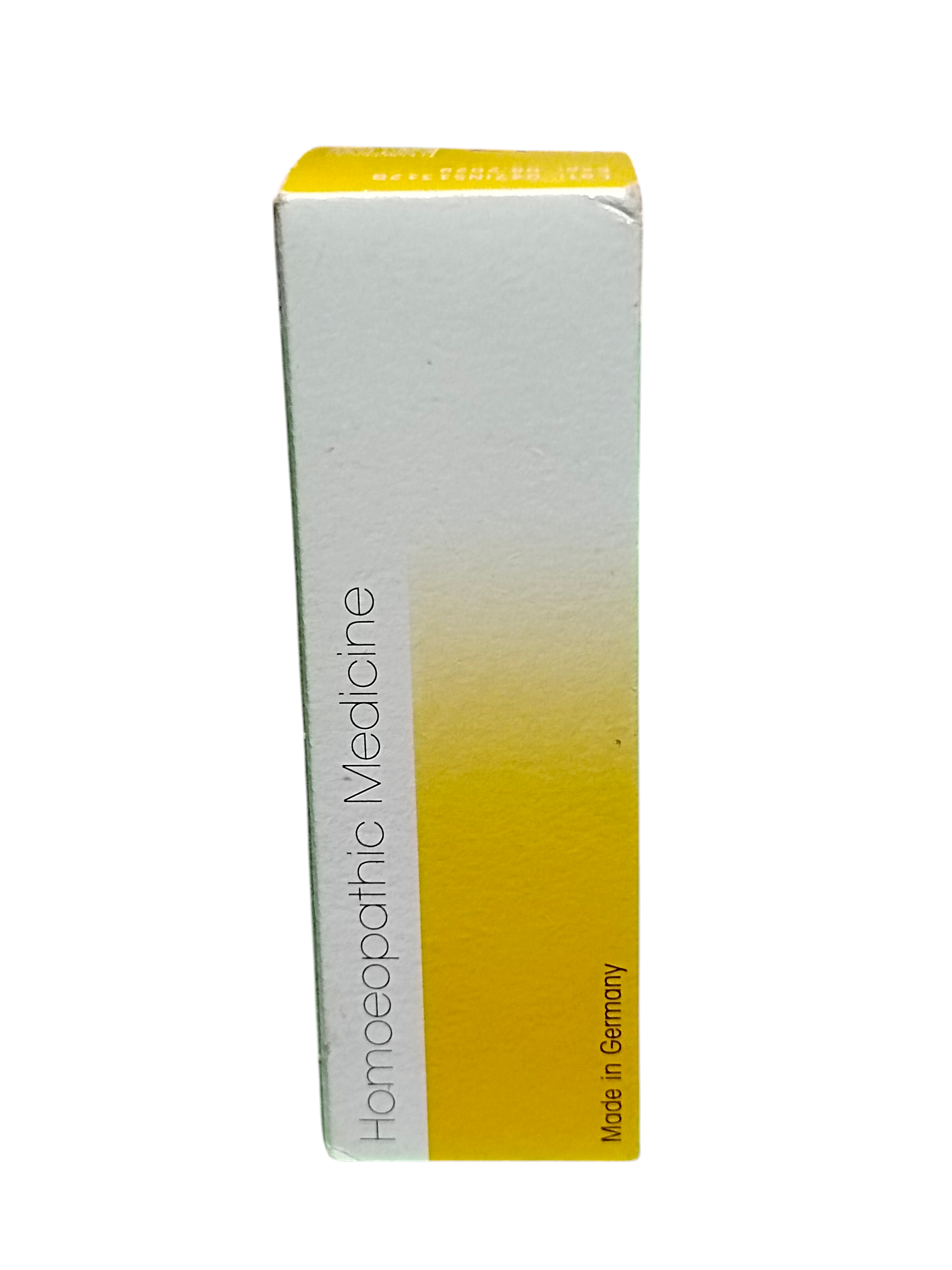 Box of homeopathic medicine with a yellow and white design on a white background