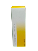 Box of homeopathic medicine with a yellow and white design on a white background