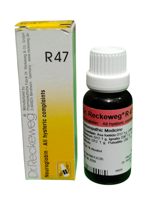 Dr. Reckeweg R47 Neuroglobin Homeopathic Drops 22ml for hysteric complaints, anxiety, nervous weakness, and emotional imbalance.