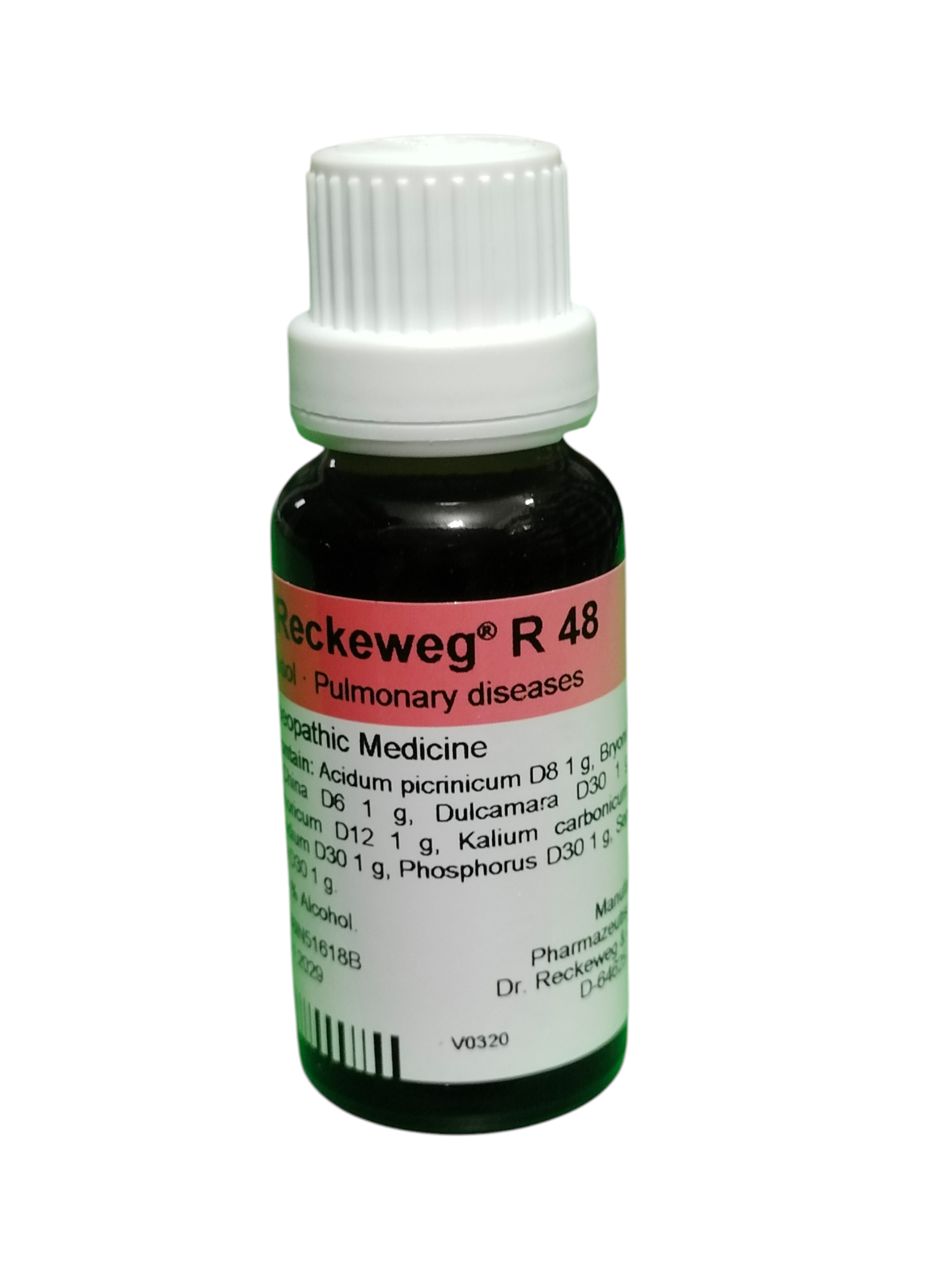 Bottle of Reckeweg R 48 homeopathic medicine for pulmonary diseases on a white background