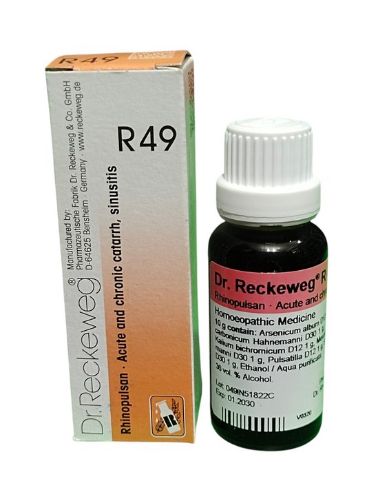 "Dr. Reckeweg R49 Rhinopulsan Homeopathic Drops 22ml for acute and chronic sinusitis, catarrh, nasal congestion, and sinus pressure relief"