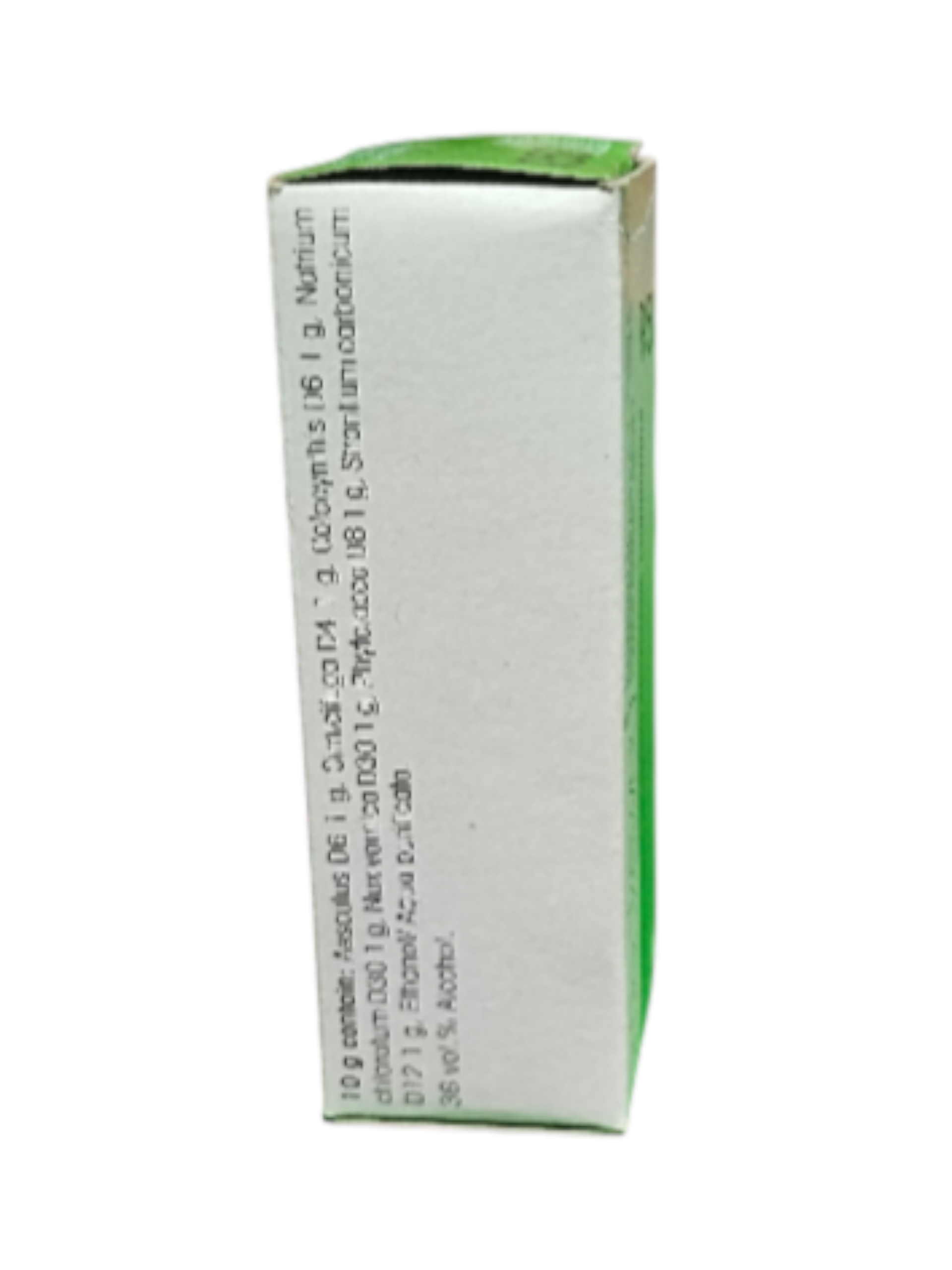 Small rectangular box with green top and white body on a white background
