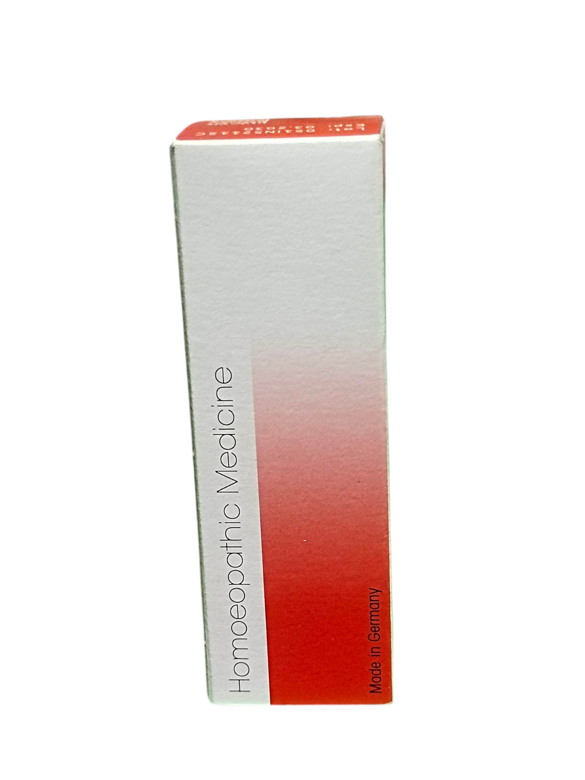 Box of homeopathic medicine with a red and white design on a white background