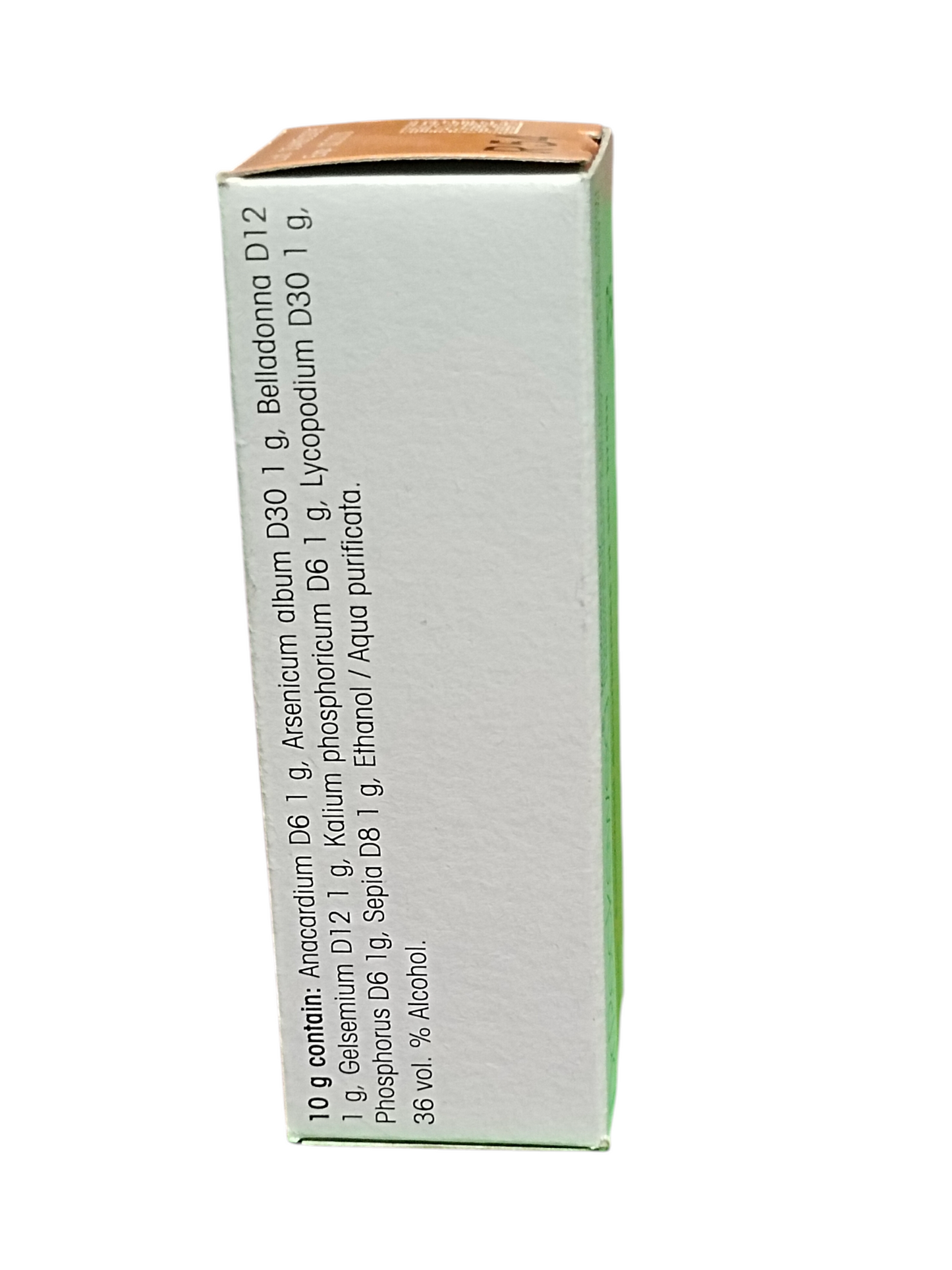 White box with green stripe containing medical or pharmaceutical ingredients on a white background