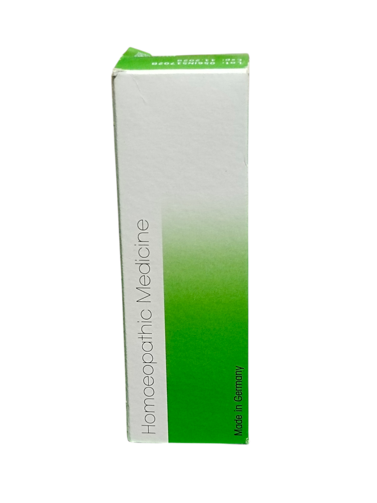 Homeopathic medicine box with green and white design on a white background