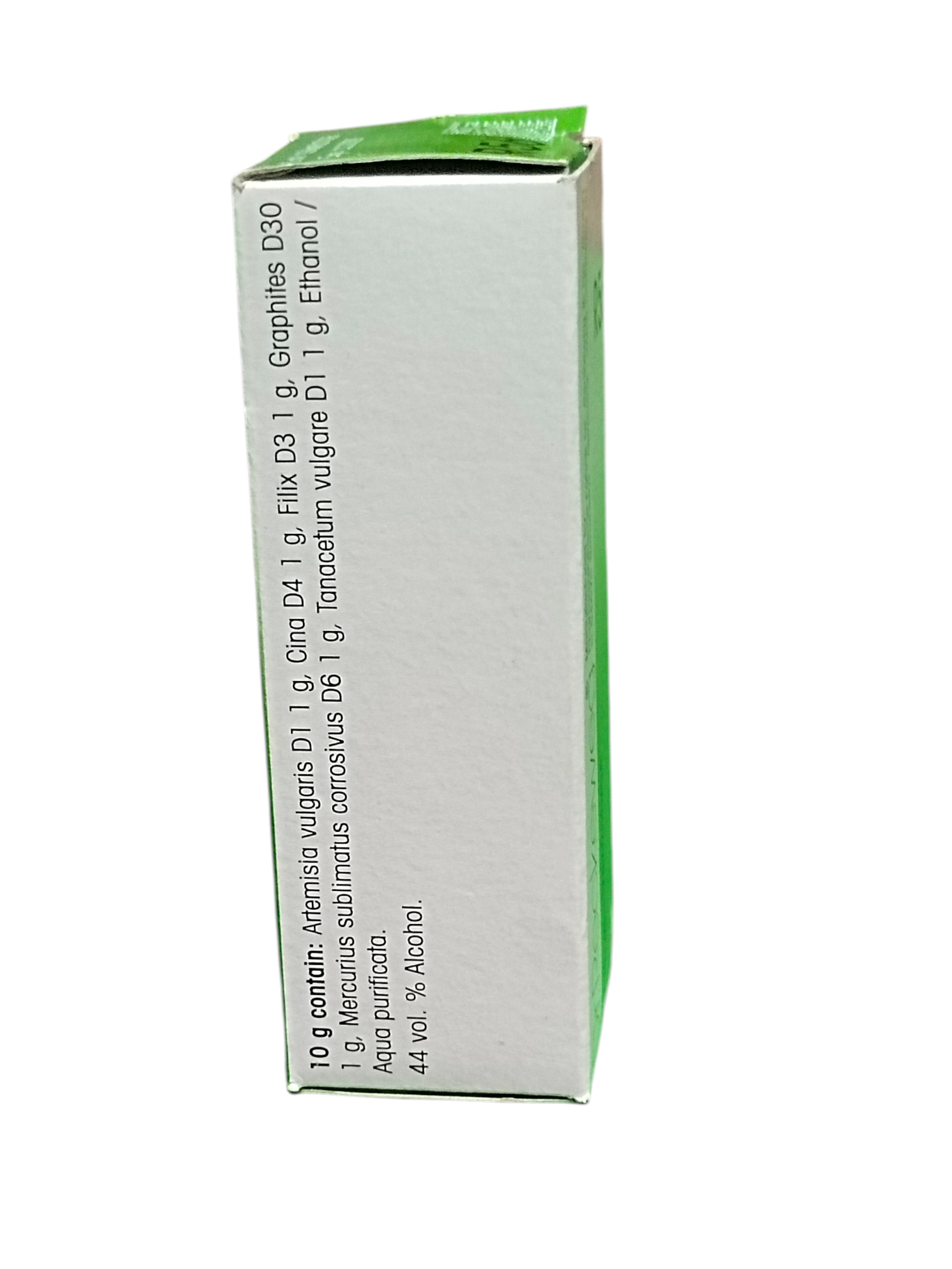 Medicinal box with green top and white body on a white background