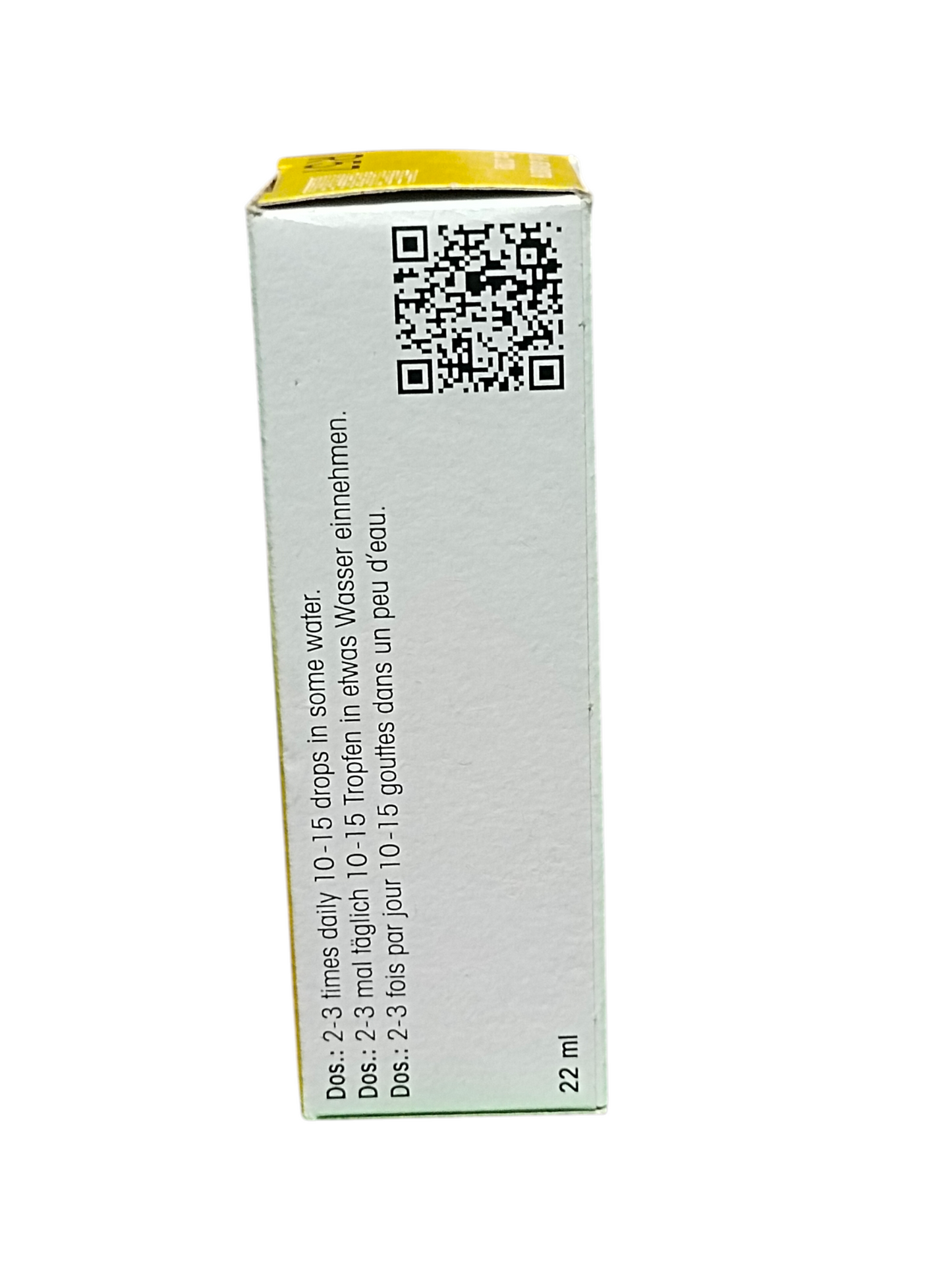 Medication container with QR code and text on a white background