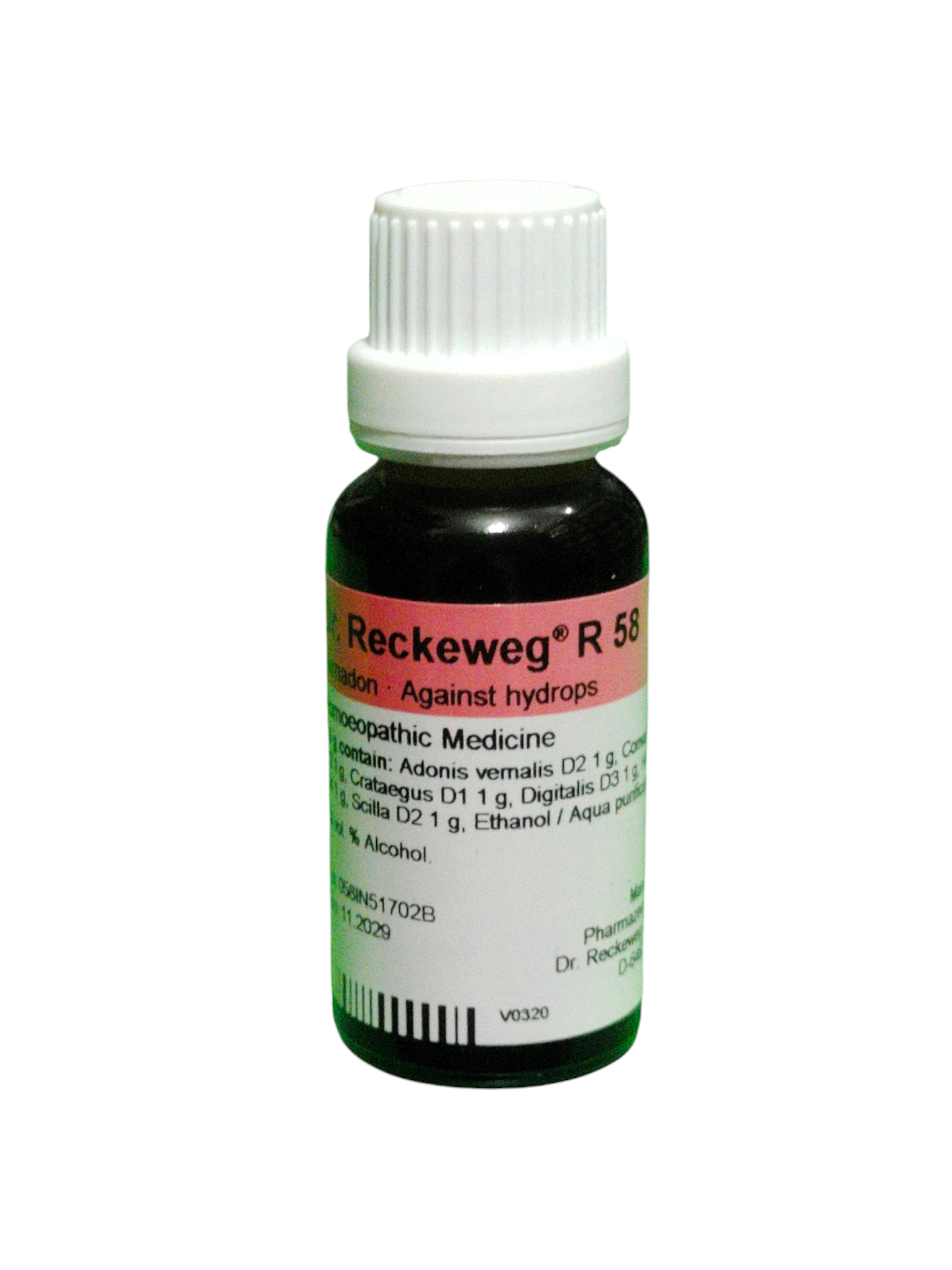Bottle of Reckeweg R 58 homeopathic medicine on a white background