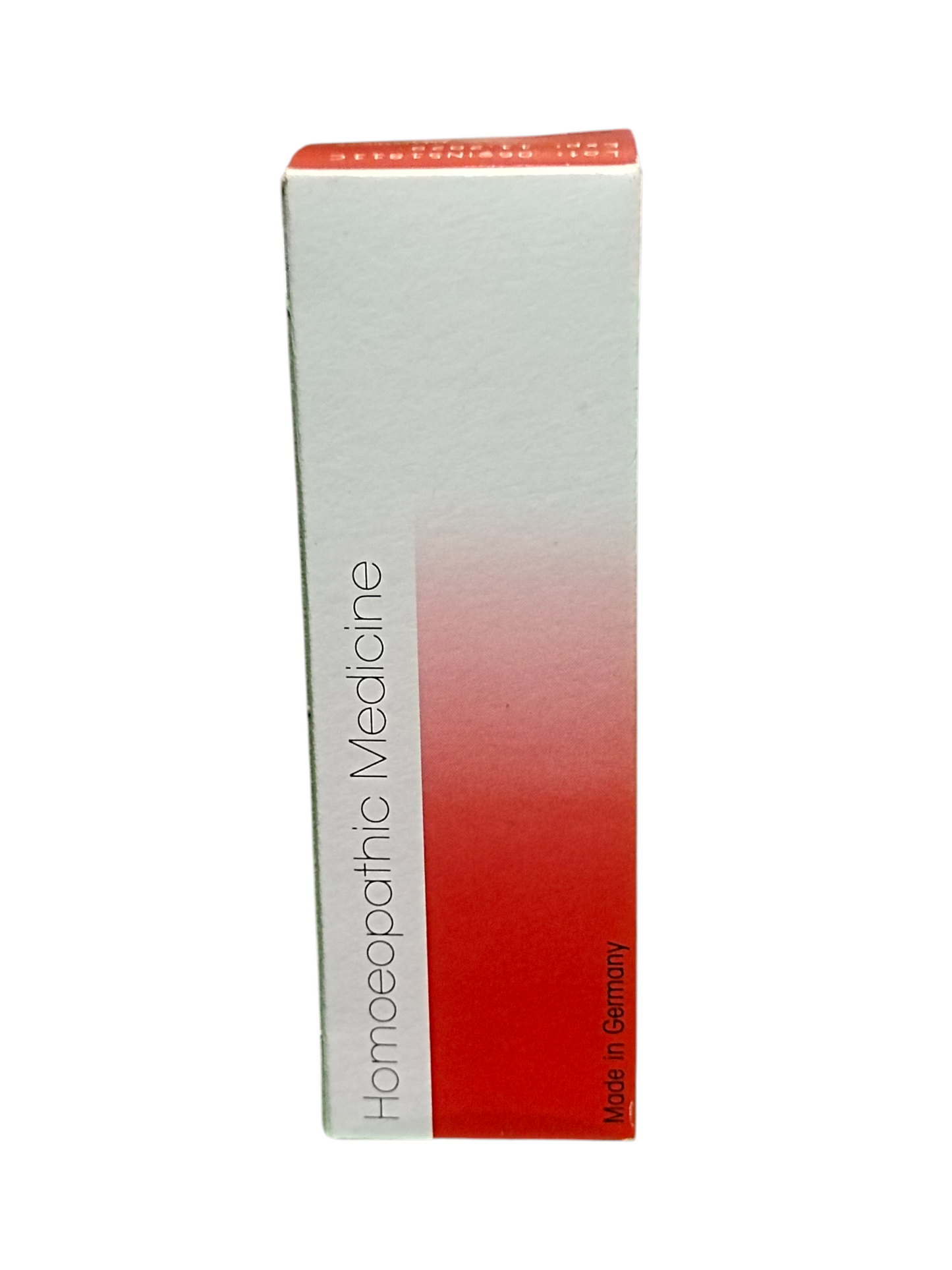 Box of homeopathic medicine with a red and white design on a white background