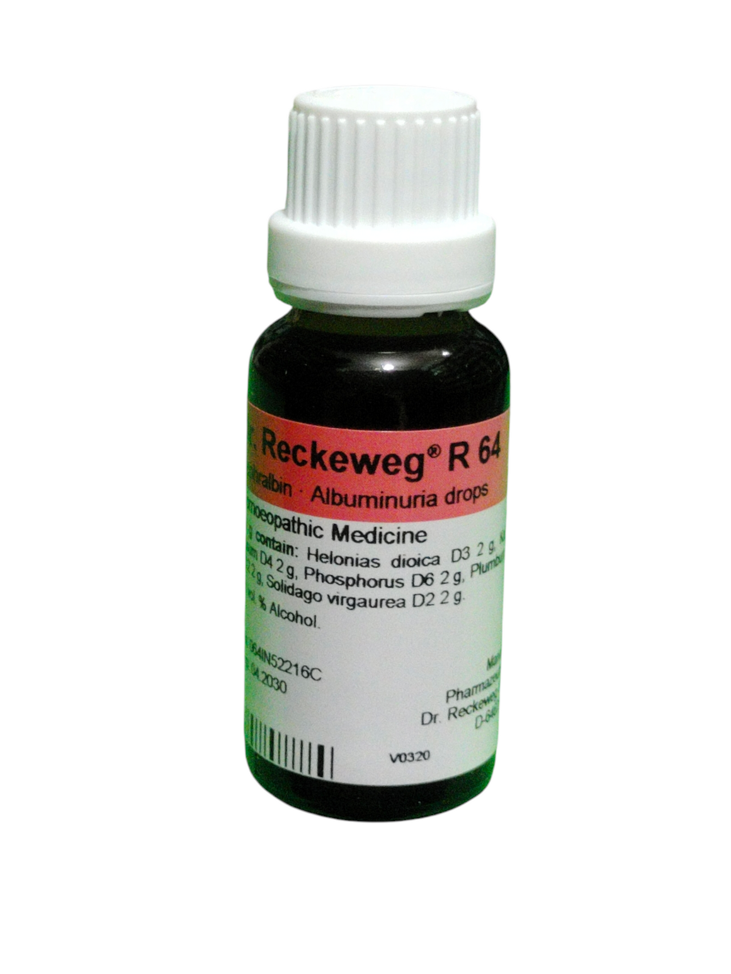 Bottle of Reckeweg R 64 homeopathic medicine on a white background