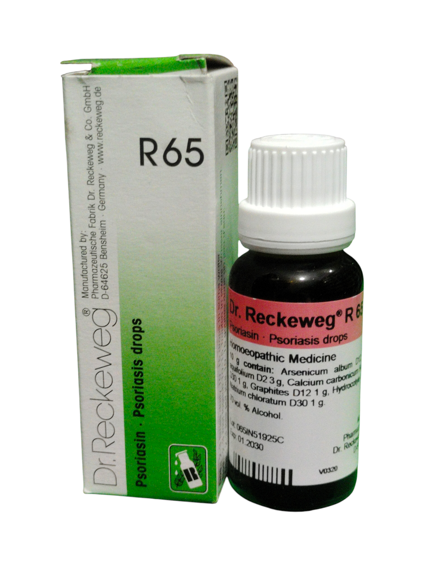 Dr. Reckeweg R65 Pсориасис drops bottle and packaging on a white background