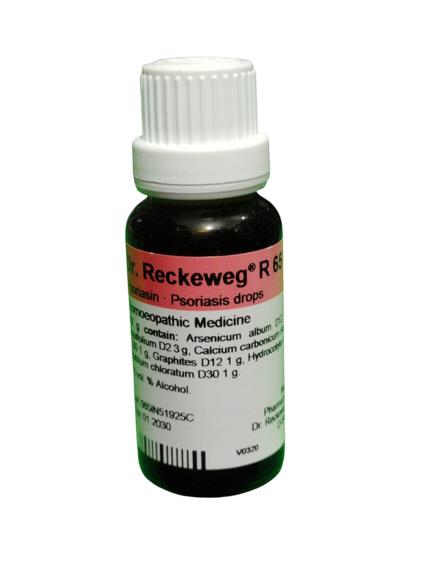 Bottle of Reckeweg R65 Psoriasis drops on a white background