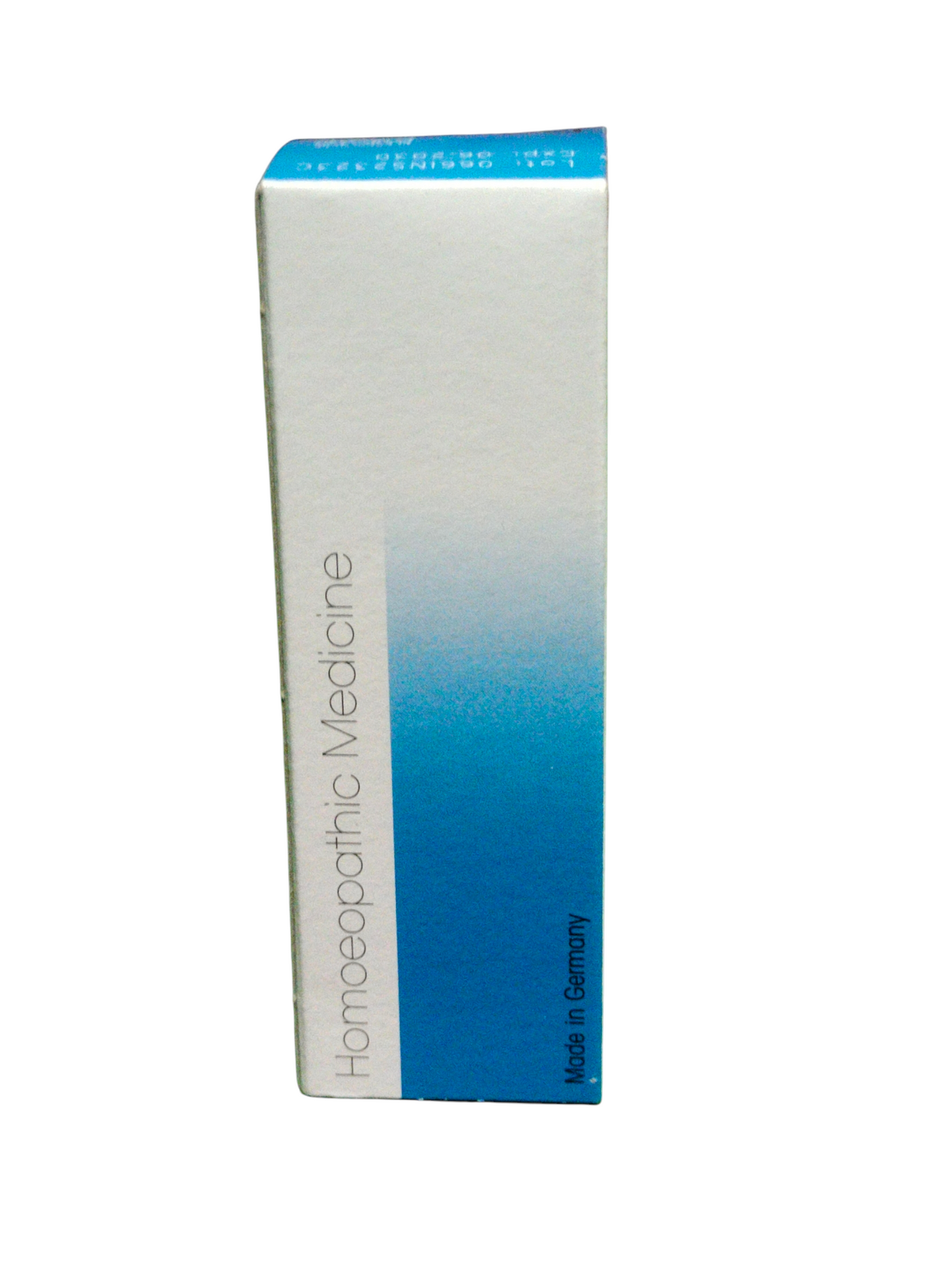 Box of homeopathic medicine with a blue and white gradient design on a white background