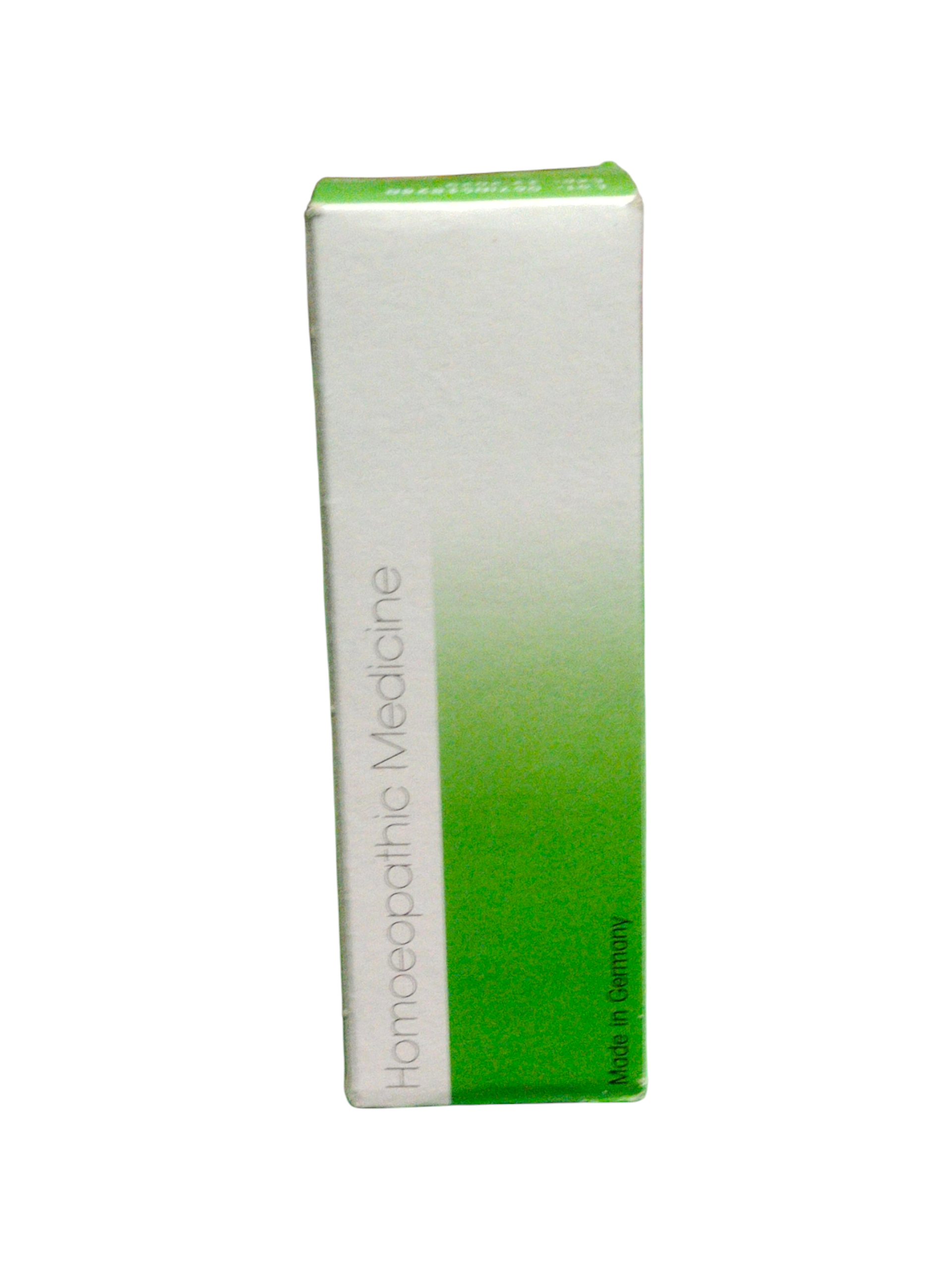 Homeopathic medicine box with green and white design on a white background