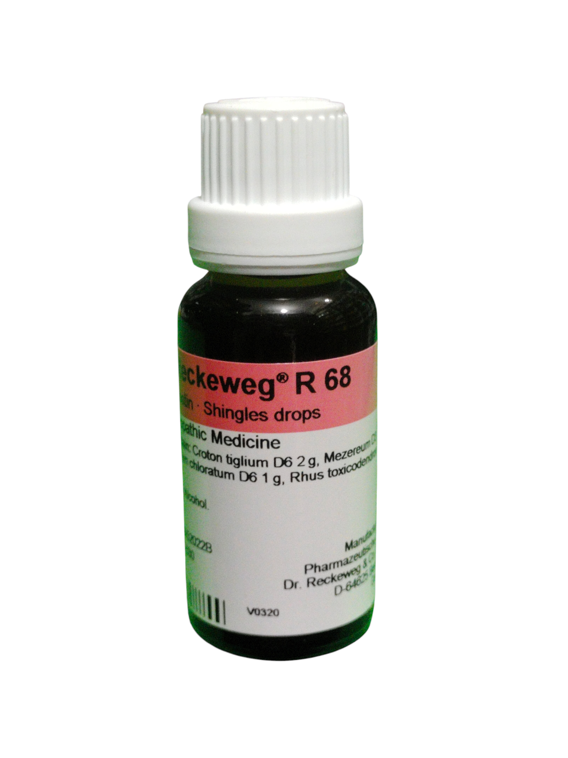 Bottle of Ackeweg R 68 drops on a white background