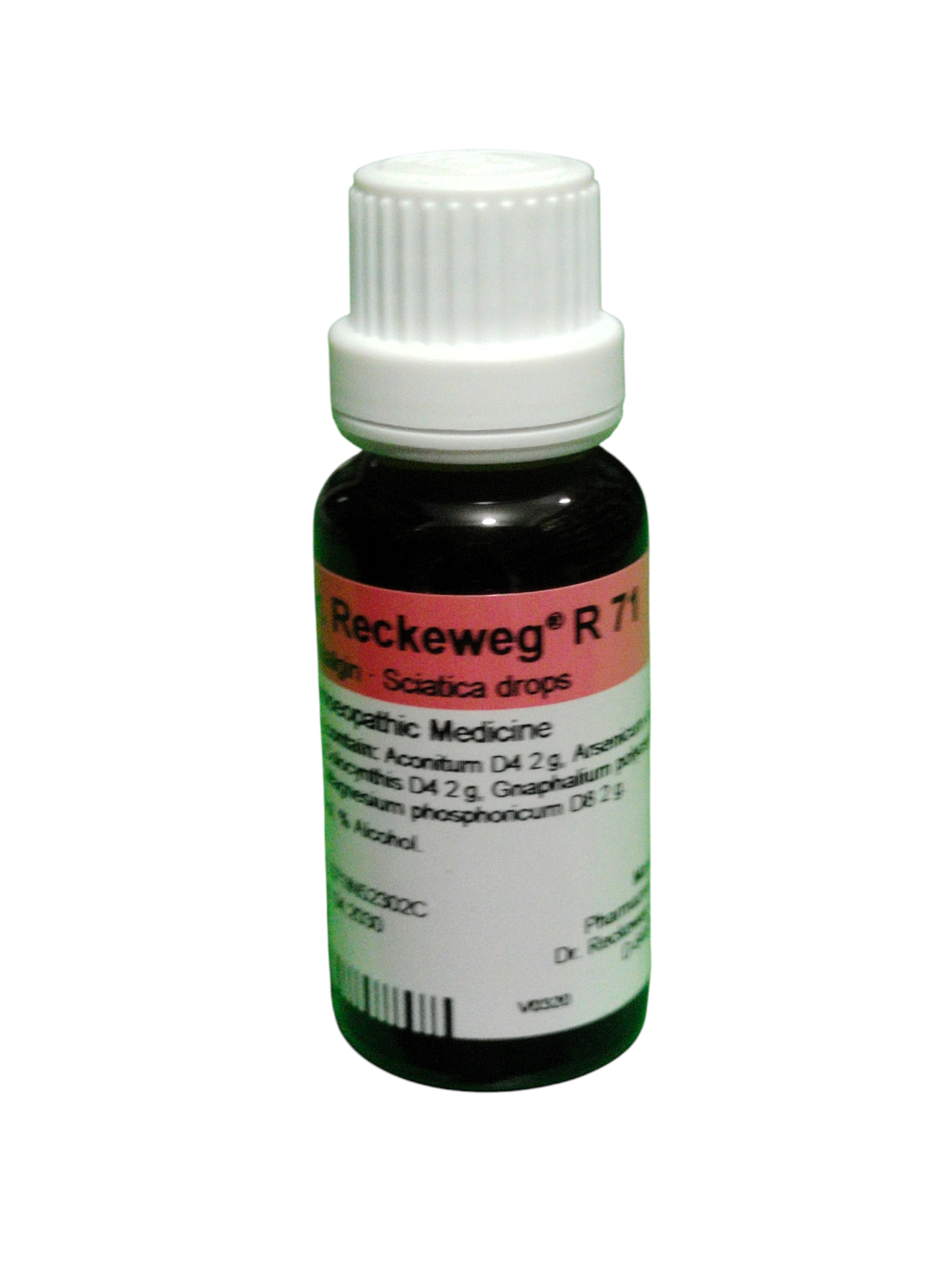 Bottle of Reckeweg R71 drops on a white background