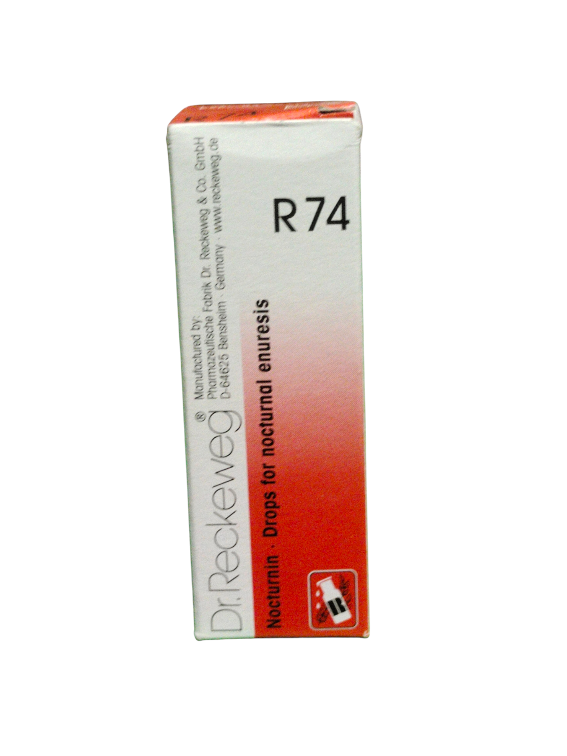 Box of Dr. Reckeweg R74 drops for nocturnal enuresis on a white background