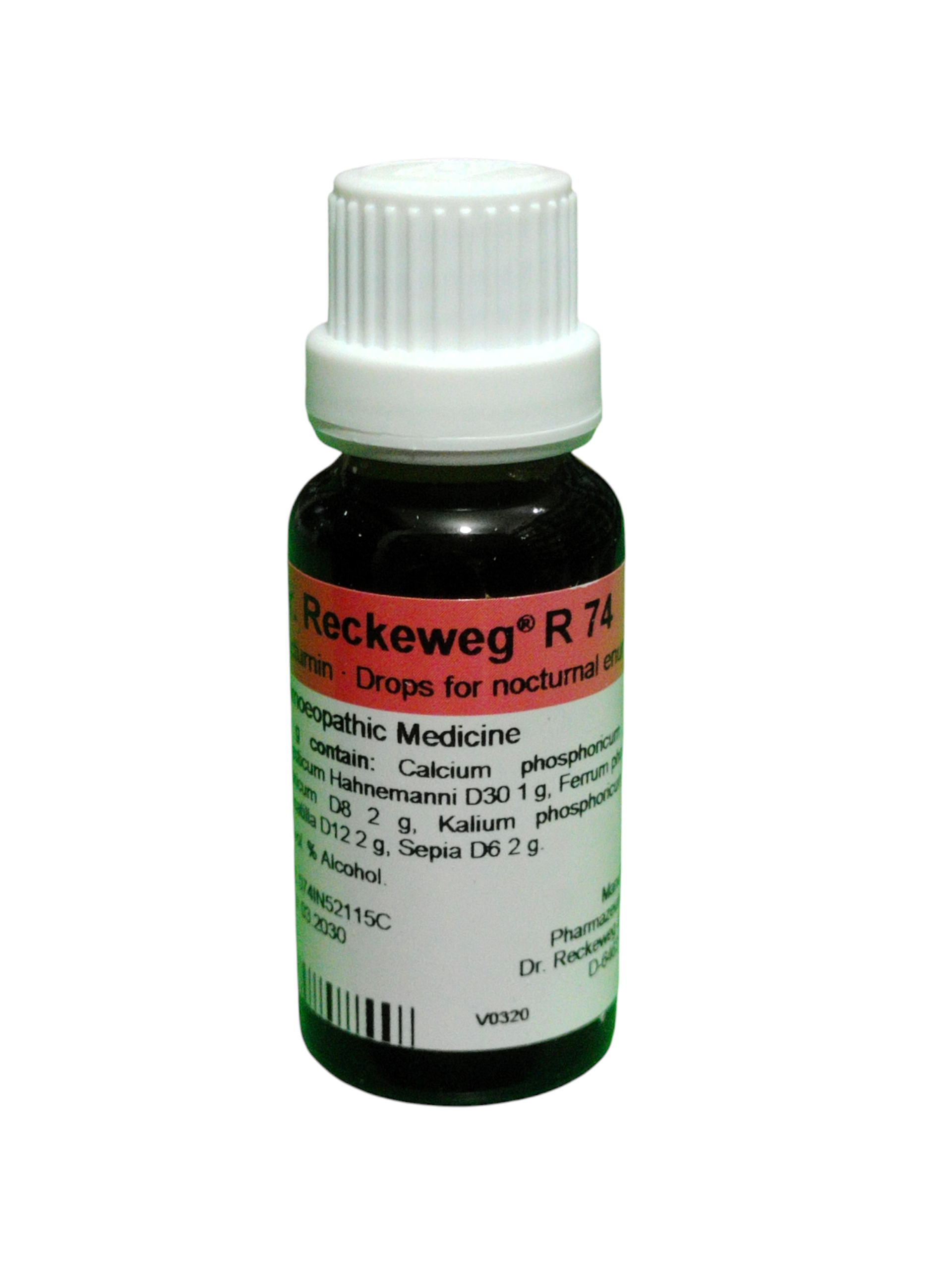 Bottle of Reckeweg R74 drops on a white background